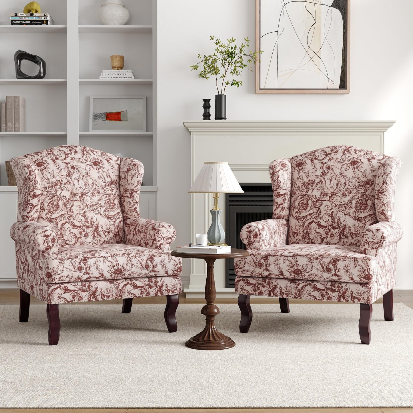 High Back Accent Chair, Comfy Upholstered Fabric Armchair for Living Room, Mid Century Modern Club Accent Chair with Curved Armrests and Solid Legs, Single Sofa Reading Chair for Bedroom, Cranberry