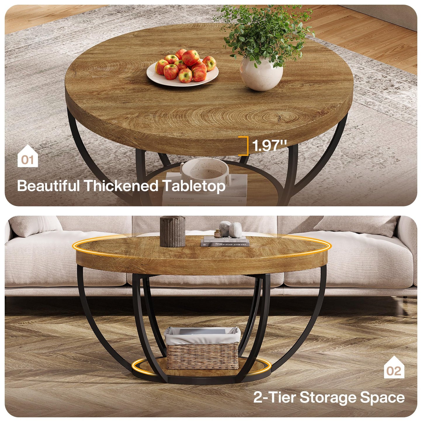 Tribesigns Round Coffee Table, 31.7" Wooden 2-Tier Circle Coffee Table with Storage Shelves, Modern Accent Cocktail Table Center Table for Living Room, Grey