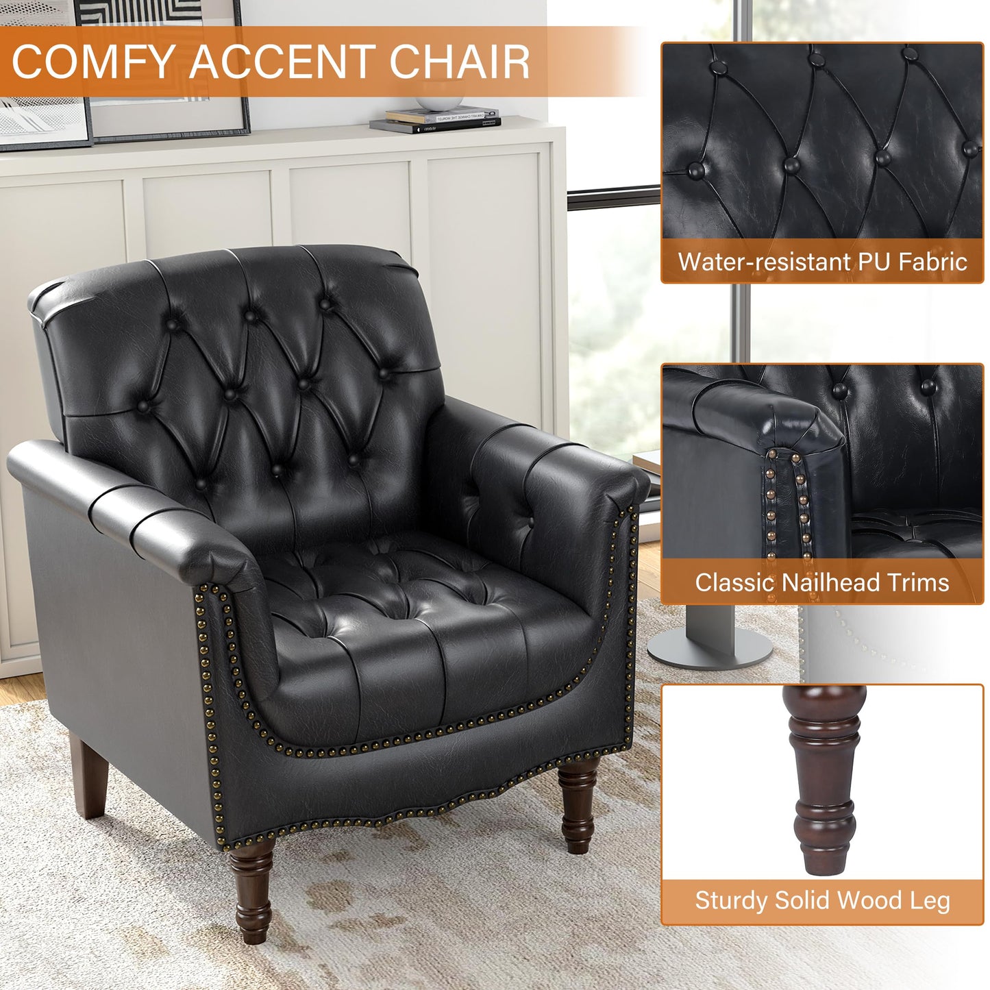 Faux Leather Club Chair, Retro Upholstered Armchair Accent Chair with Solid Wood Legs & Nailhead Trim for Living Room, Bedroom, Reading Room, Camel