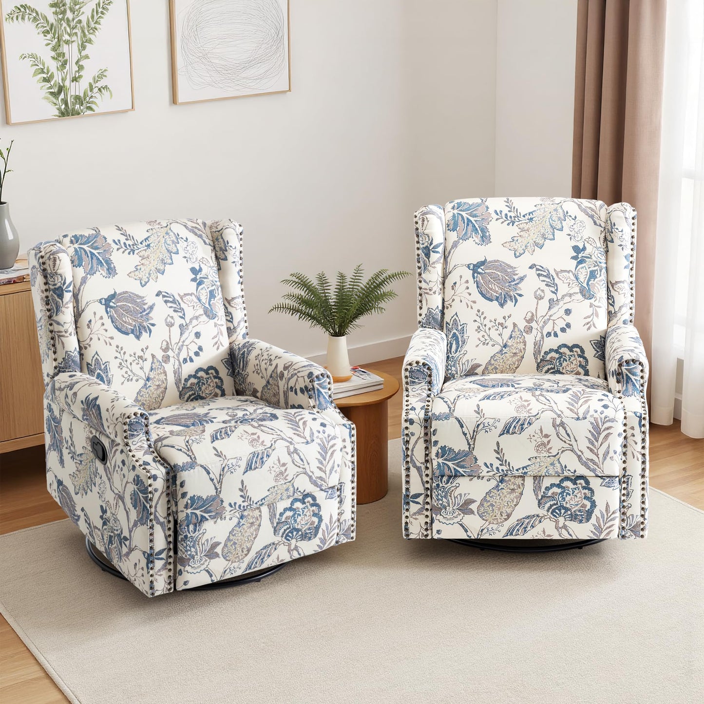 Swivel Rocker Recliner Chair, 360° Swivel Wingback Recliner Chairs for Adults, Upholstered Printed Fabric Glider Rocking Chair with High Back, Deep Seat for Living Romm Bedroom, Bird