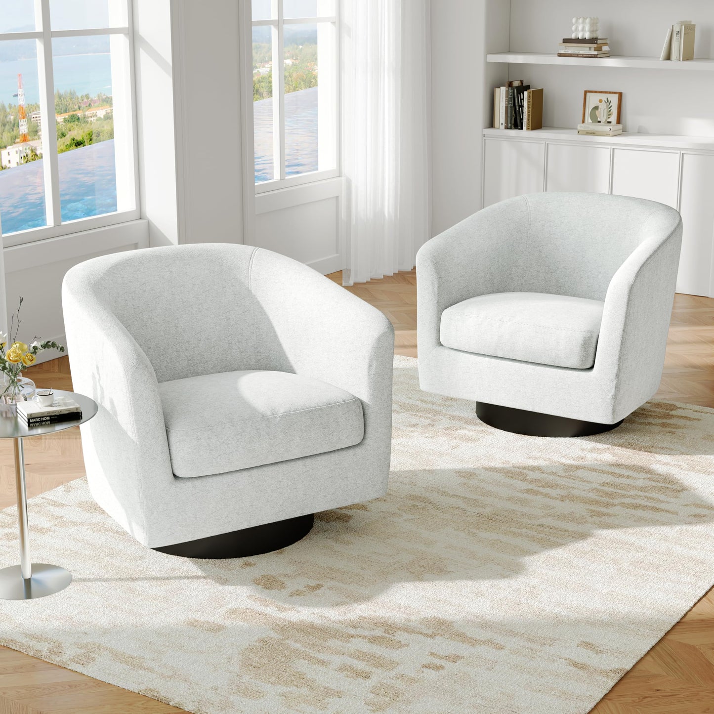 Swivel Barrel Accent Chairs Set of 2, Modern 360° Swivel Round Barrel Chair with Curve Back, Upholstered Velvet Fabric Armchair Single Sofa Club Chair for Living Room, Bedroom, Coffee