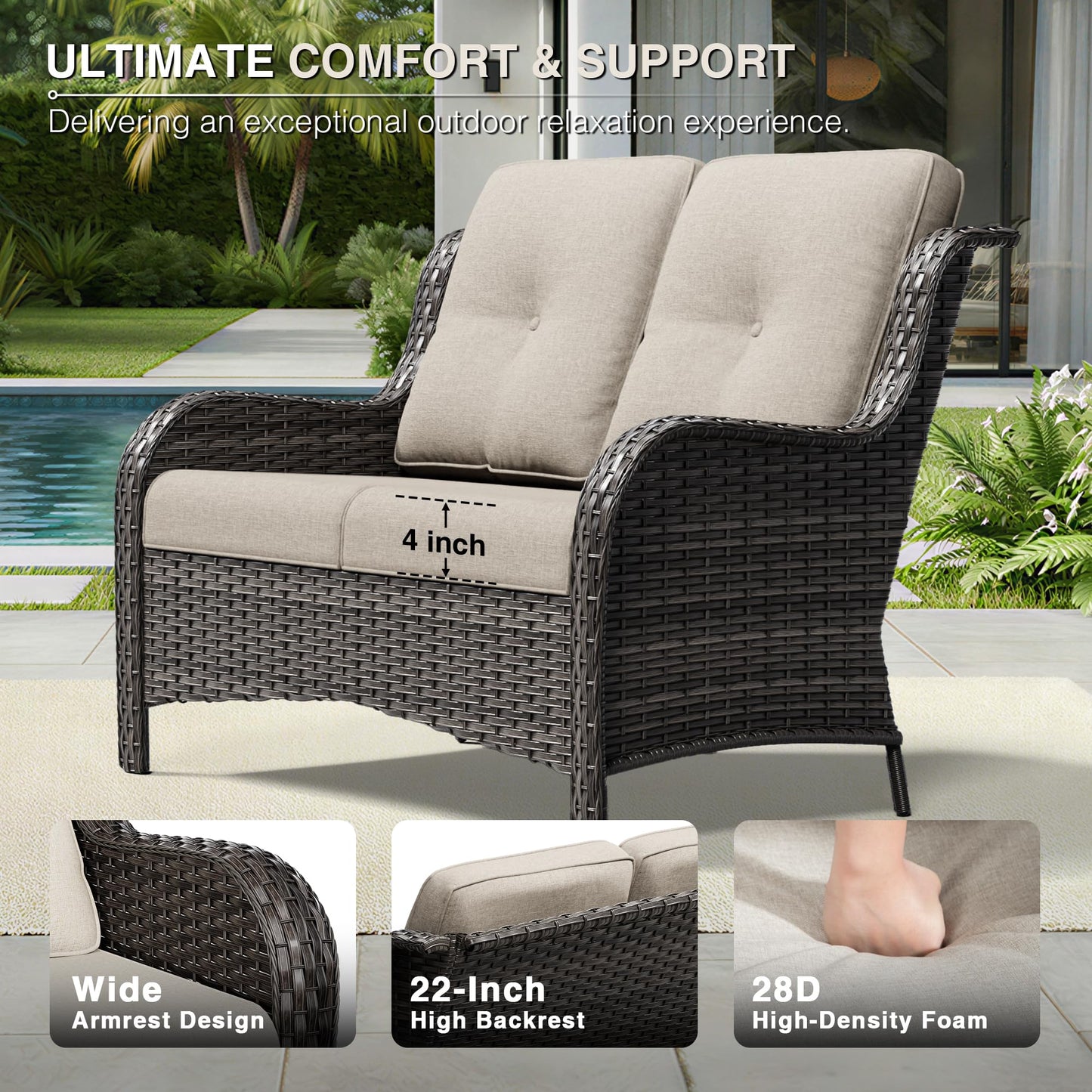 Joyside Outdoor Patio Couch,Outdoor Wicker Loveseat with High Back, Deep Seating, Wide Armrest, Thickened Cushions, Patio Loveseat for Deck, Porch Use