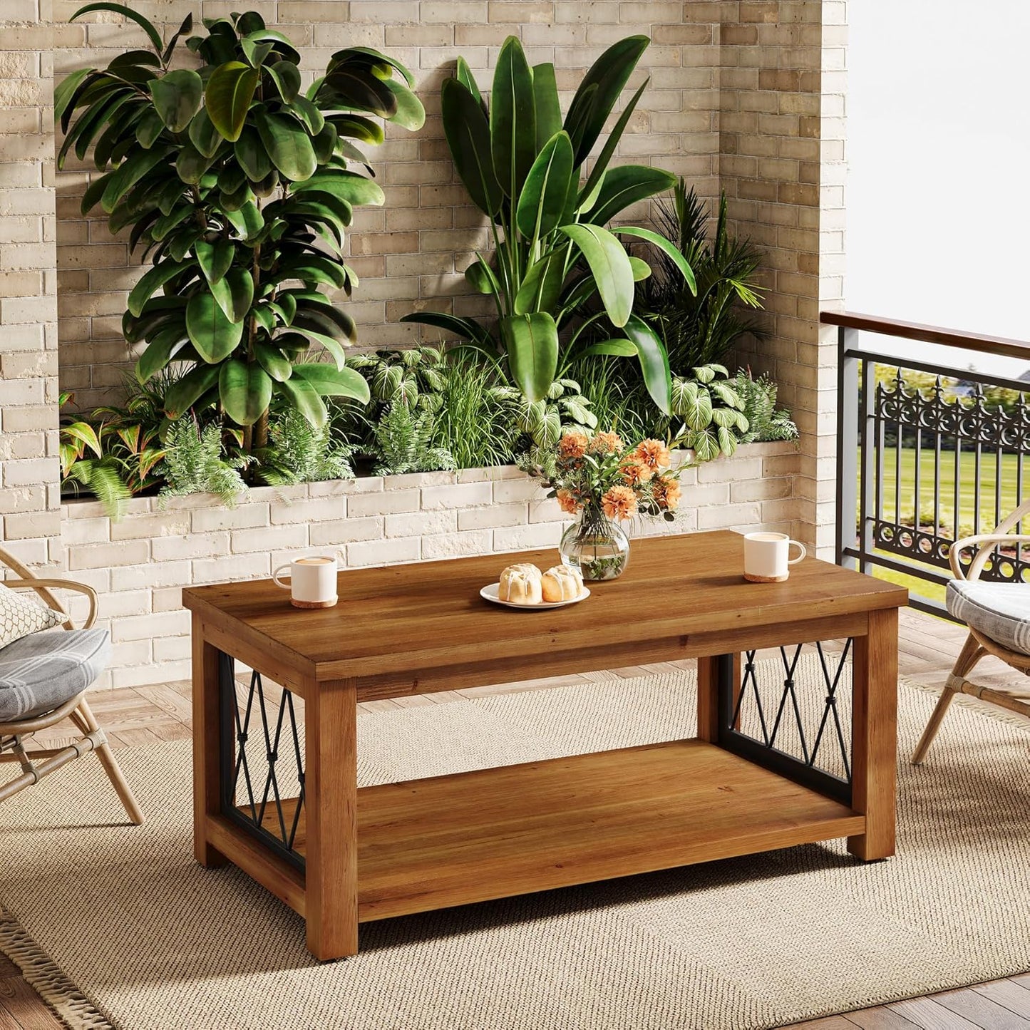 47.2" Solid Wood Coffee Table, 2-Tier Storage Design, Farmhouse Rectangular Center Cocktail Table, Rhomboid Metal Frame, for Living Room, Office, Balcony, Easy Assembly