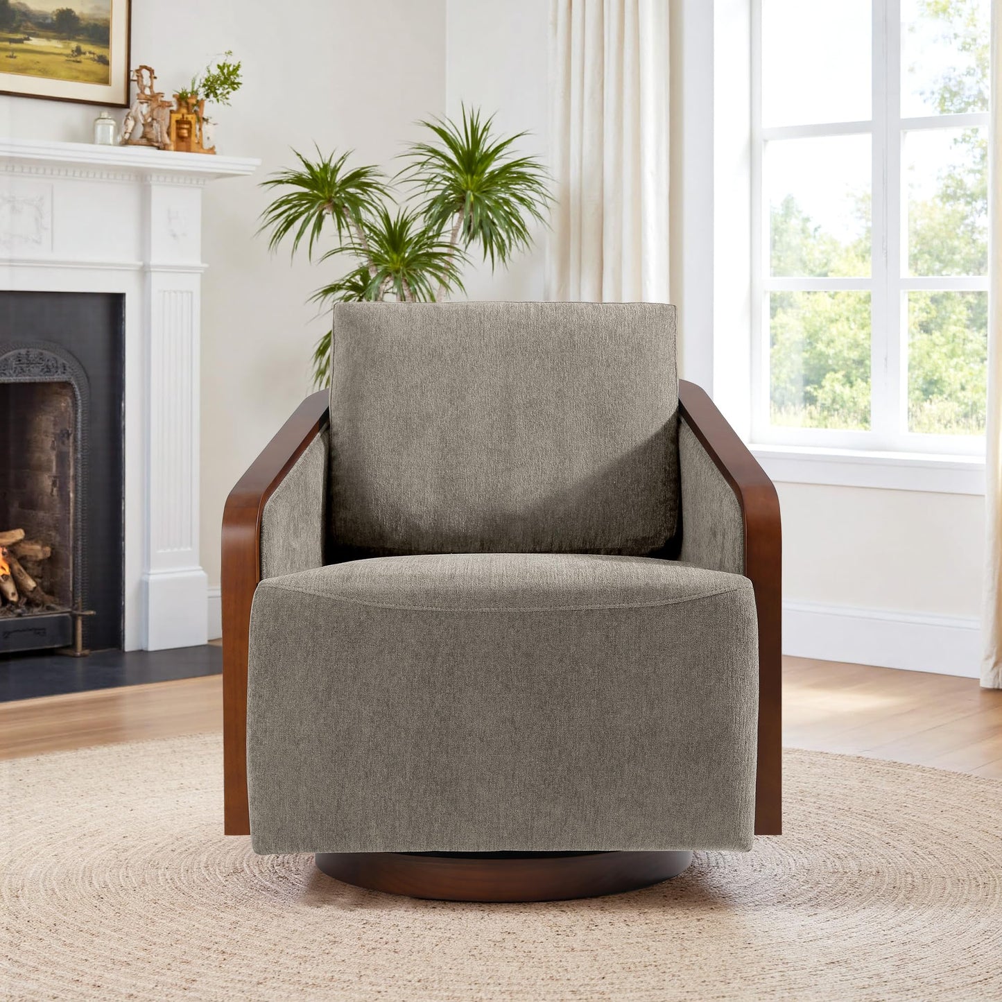 360° Swivel Barrel Chairs Set of 2, Upholstered Swivel Round Barrel Chair, Comfy Chenille Fabric Single Club Armchair Accent Chair for Living Room, Reading Room, Bedroom, Beige Brown