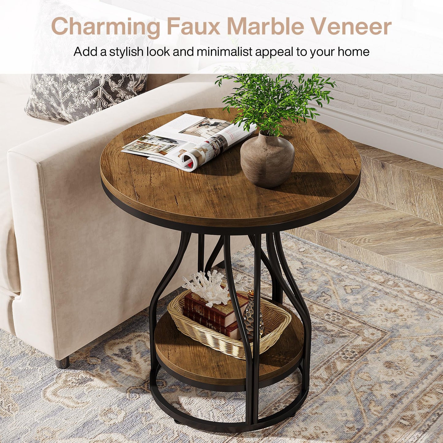 Tribesigns Round Side End Table 2-Tier End Tables Modern Bedside Table Small Chairside Tables with Storage for Couch Side, Nightstand with Metal Frame for Living Room (1, White+Gold)
