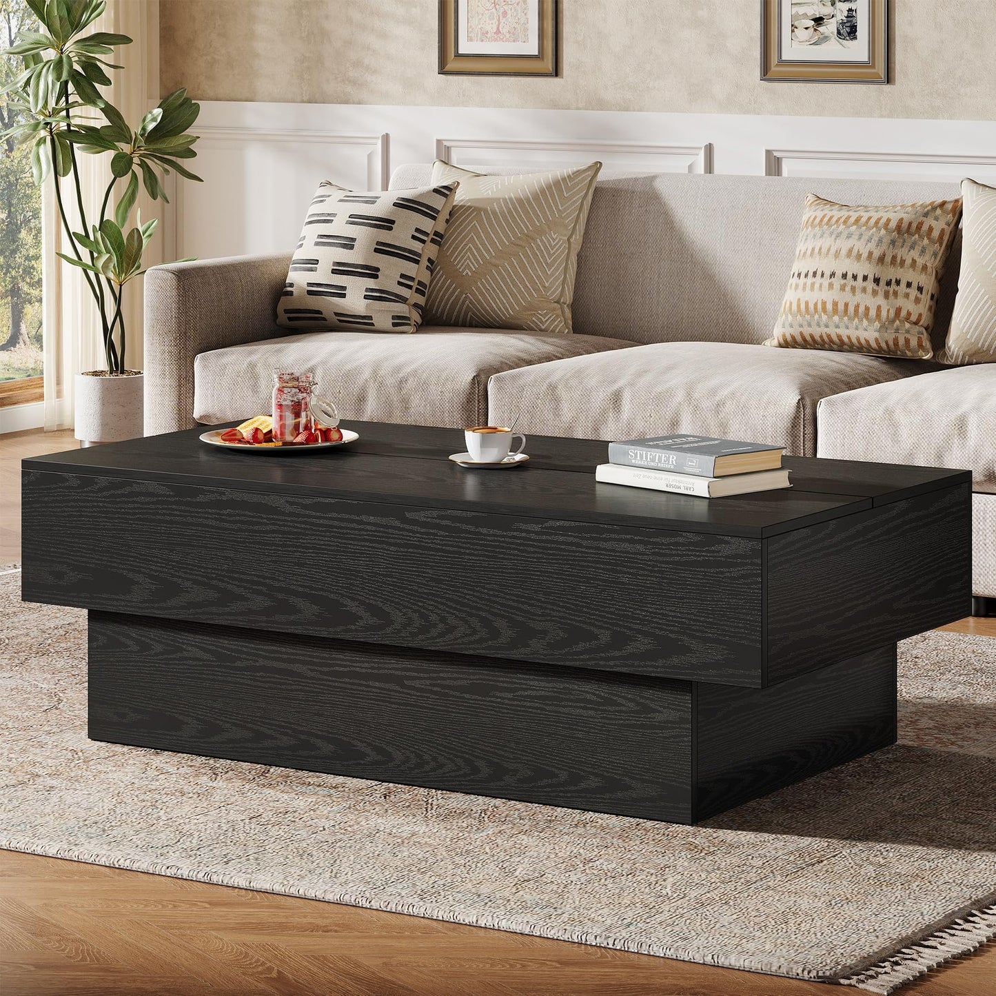 Tribesigns Modern Black Coffee Table, 55-Inch Rectangle Wooden Tea Table, Large Center Table for Living Room, Reception Room