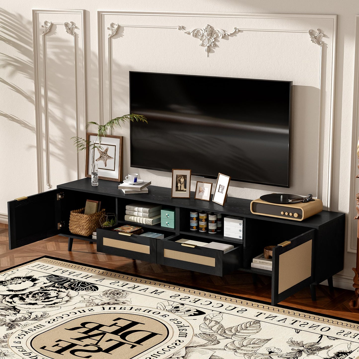 LKTART 67" Mid Century Modern TV Stand for 65/70/75/80" TVs,Entertainment Center with Sliding Doors and Drawers,Media Console for Living Room