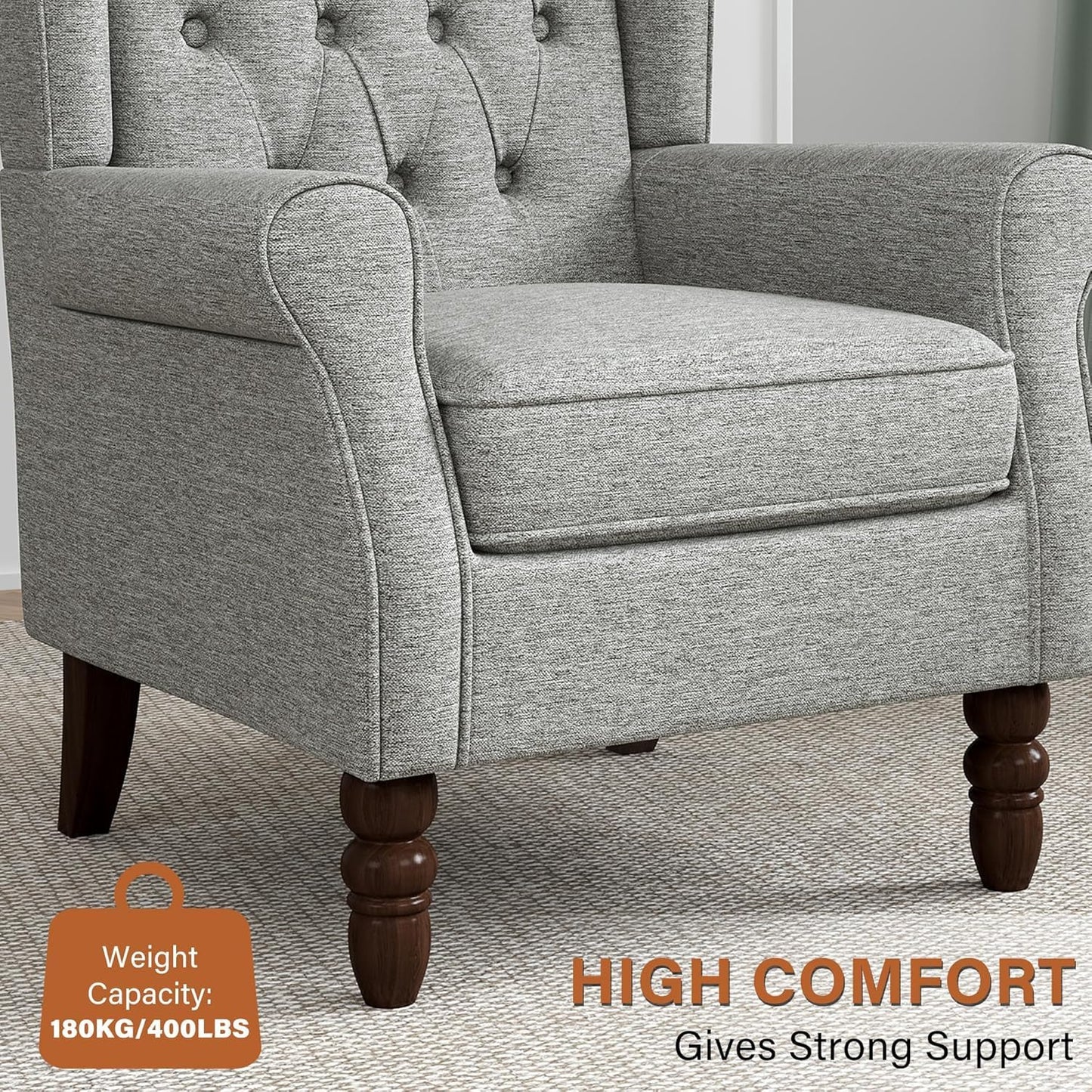 Faux Leather Wingback Chairs Set of 2, High Back Accent Chair for Living Room, Button-Tufted Upholstered Armchair with Solid Wood Legs, Comfy Reading Chair for Bedroom, Brown