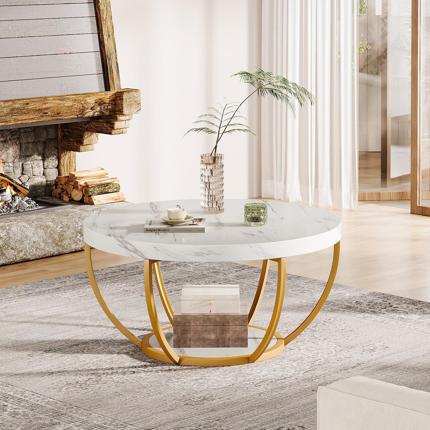 Tribesigns Round Coffee Table, 31.7" Wooden 2-Tier Circle Coffee Table with Storage Shelves, Modern Accent Cocktail Table Center Table for Living Room, Grey
