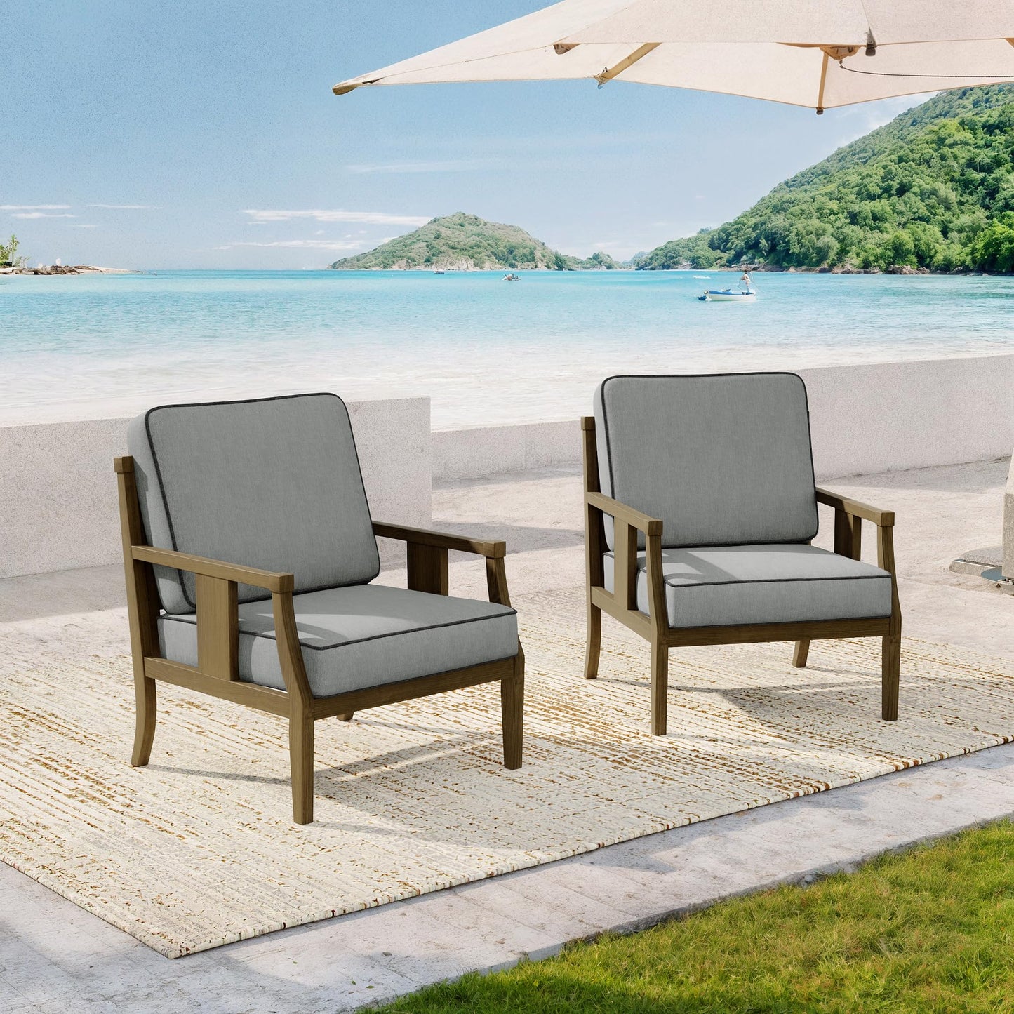 Outdoor Patio Armchairs Set of 2, All-Weather Solid Wood Patio Furniture Sets, Outdoor Sofa Chairs with Washable Thick Cushions for Porch, Balcony, Deck, Black Frame & Gray Cushion