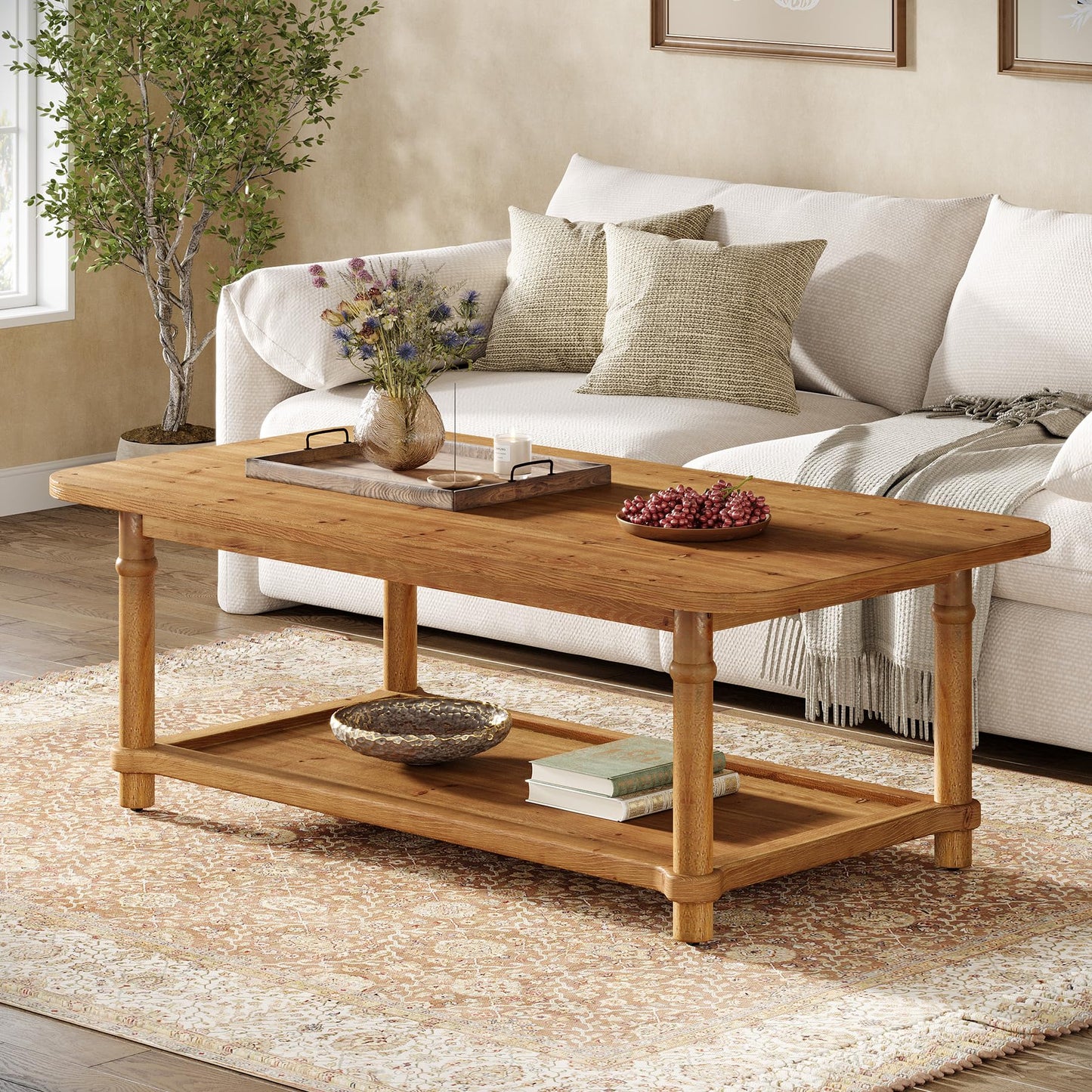 47" Rectangle Coffee Table, Solid Wood Center Table with 2-Tier Storage, Modern Farmhouse Coffee Furniture for Living Room, Home & Family Room, Light Brown