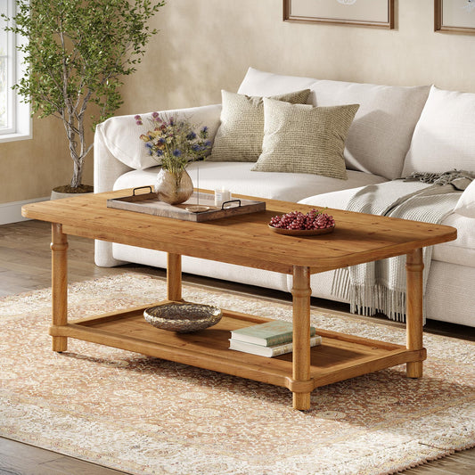 47" Rectangle Coffee Table, Solid Wood Center Table with 2-Tier Storage, Modern Farmhouse Coffee Furniture for Living Room, Home & Family Room, Light Brown