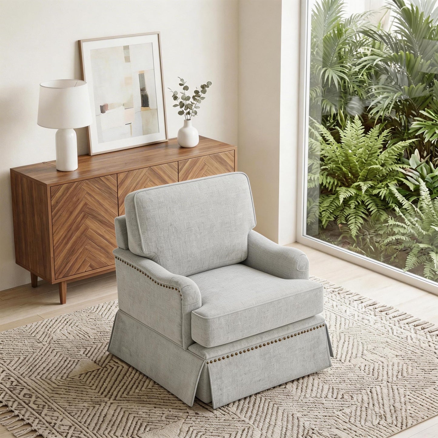Swivel Accent Chair, 360° Swivel Upholstered Armchairs with Curved Arms, Comfy Chenille Fabric Lounge Reading Chairs for Living Room Bedroom Study, Metal Swivel Base, Tan