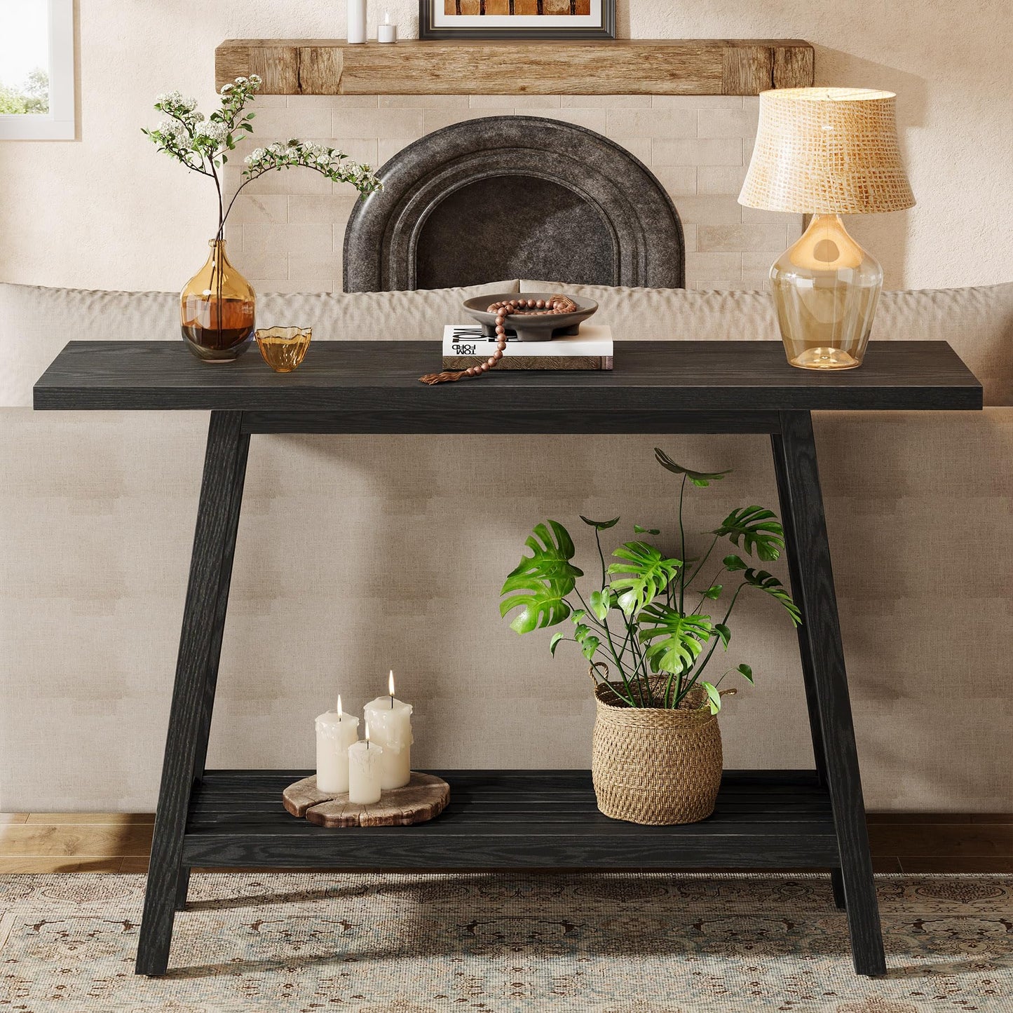 Solid Wood Console Table, 41.3" Rustic Entryway Table with Storage Shelf, 2 Tiers Narrow Skinny Couch Table Behind Sofa for Hallway, Entrance, Foyer, Living Room, Brown (Brown)