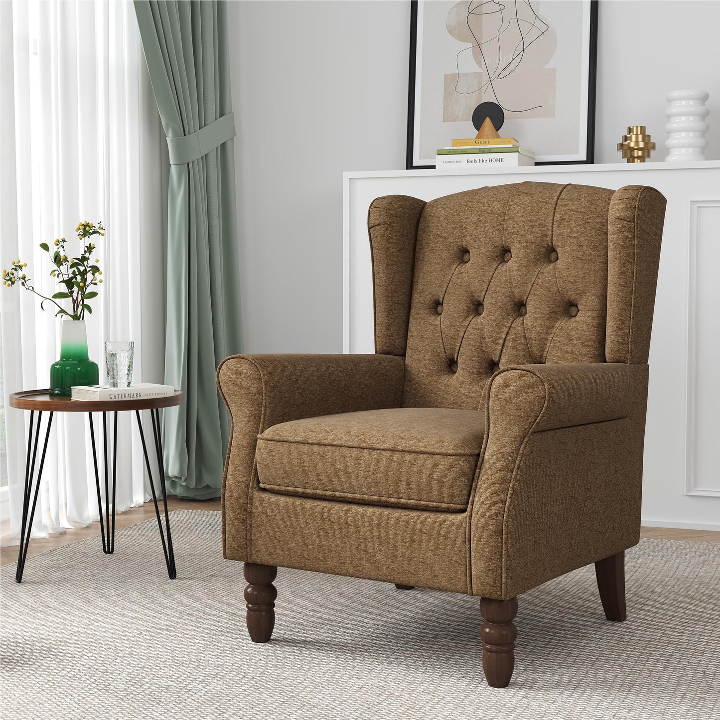 Faux Leather Wingback Chairs Set of 2, High Back Accent Chair for Living Room, Button-Tufted Upholstered Armchair with Solid Wood Legs, Comfy Reading Chair for Bedroom, Brown