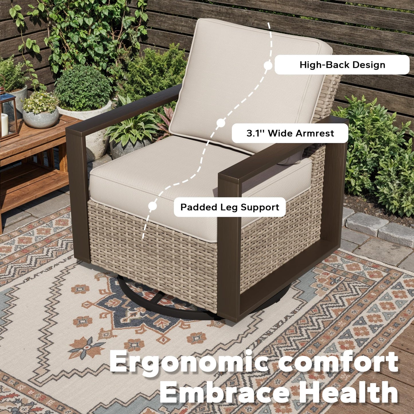 Joyside Outdoor Patio Swivel Rocker Chairs, 3 Pieces Wicker Furniture Set, 2 Swivel Rocking Chairs and 1 Table, Metal Wide Armrest, Thick Cushions and Deep Seating for Garden, Backyard, Porch, Deck