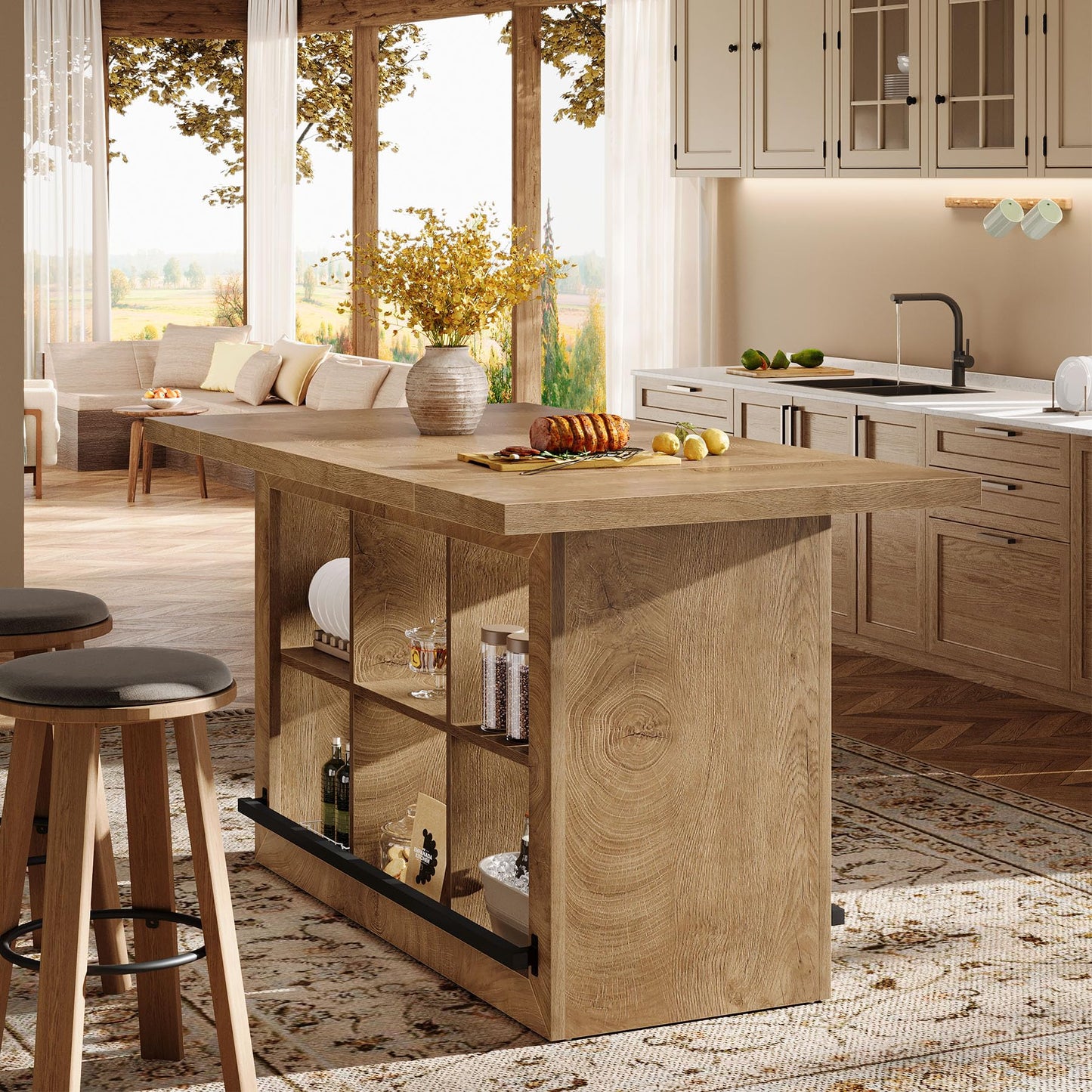 Tribesigns Kitchen Island with Storage, Counter Height Kitchen Island Table with 6 Open Cubbies and Footrests, Coffee Bar Table for Dining Room, Black&Brown