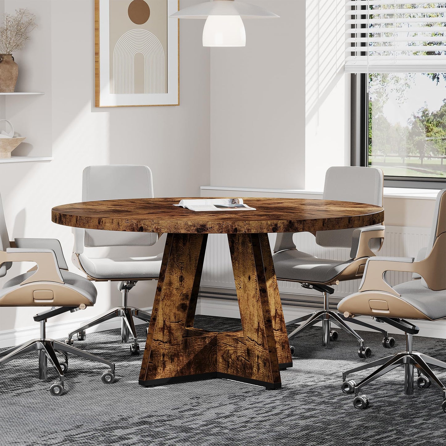 Tribesigns 47-Inch Round Conference Table for 4-6 People, Wooden Meeting Room Table with Thicken Tabletop and Wood Base (Grey)