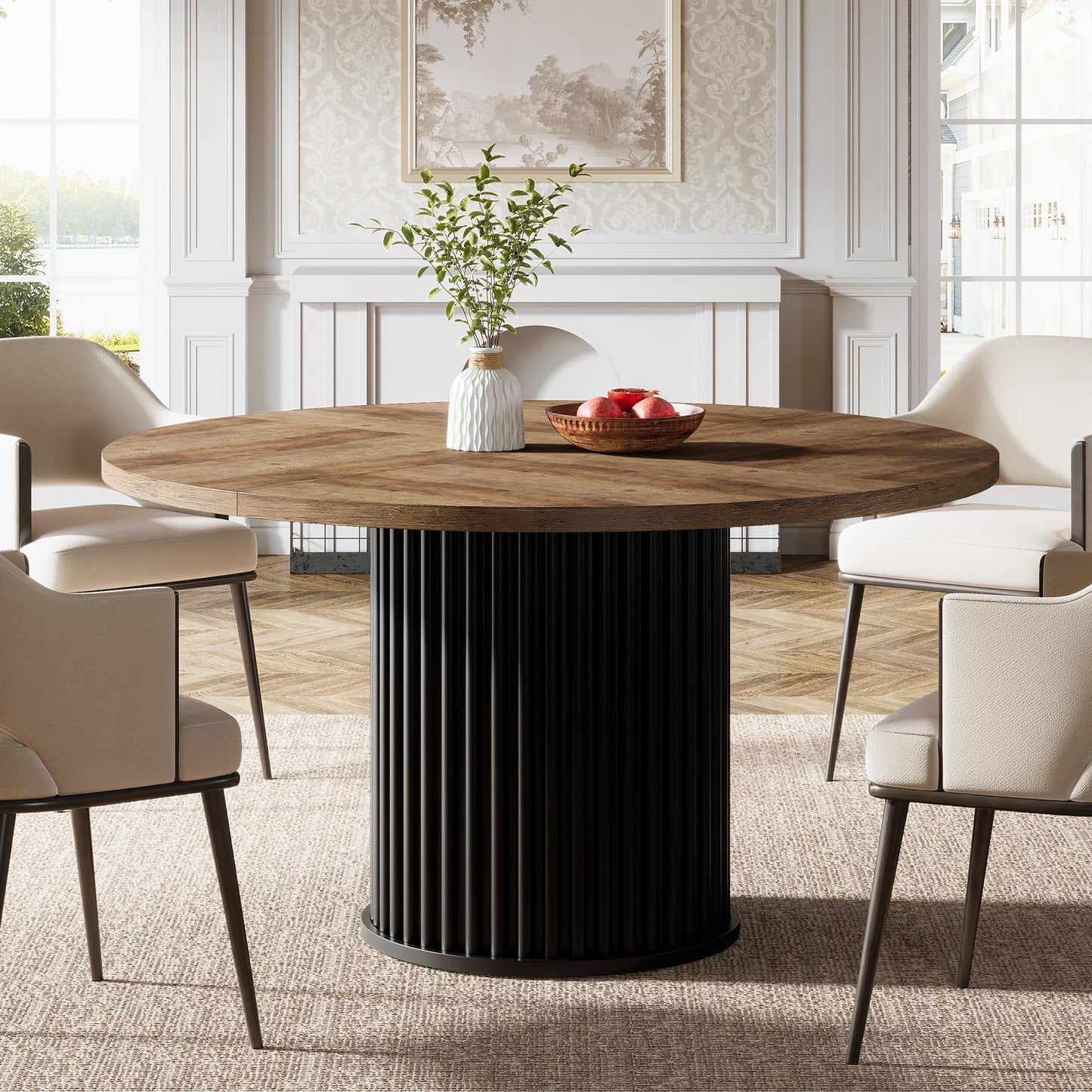Tribesigns 47.24-Inch Black Round Dining Table for 4-6 People, Modern Fluted MDF + Metal Base Kitchen Table, Sturdy Circle Dining Room Furniture, Black
