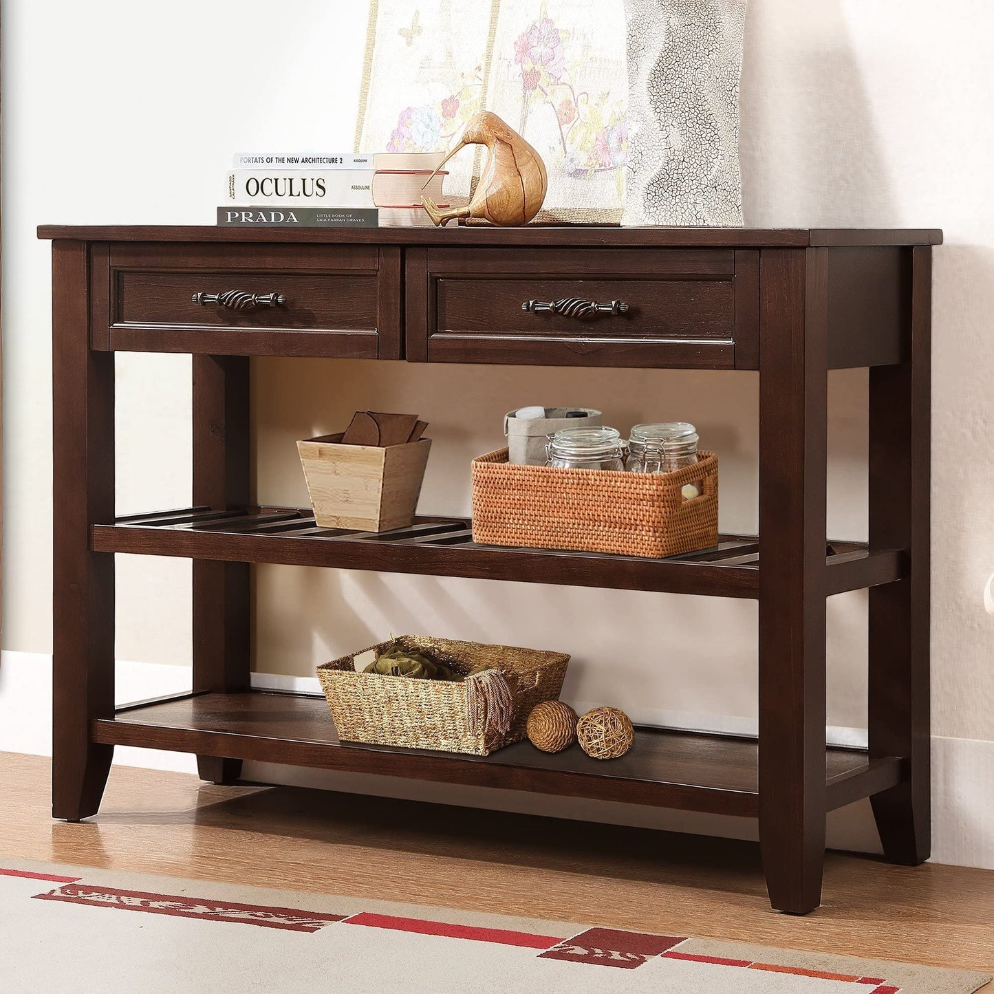 LKTART Solid Wood Console Table Sofa Tables with Drawers and Shelves Small Entryway Table for Living Room,Behind the Couch Table,Foyer(42" Espresso)
