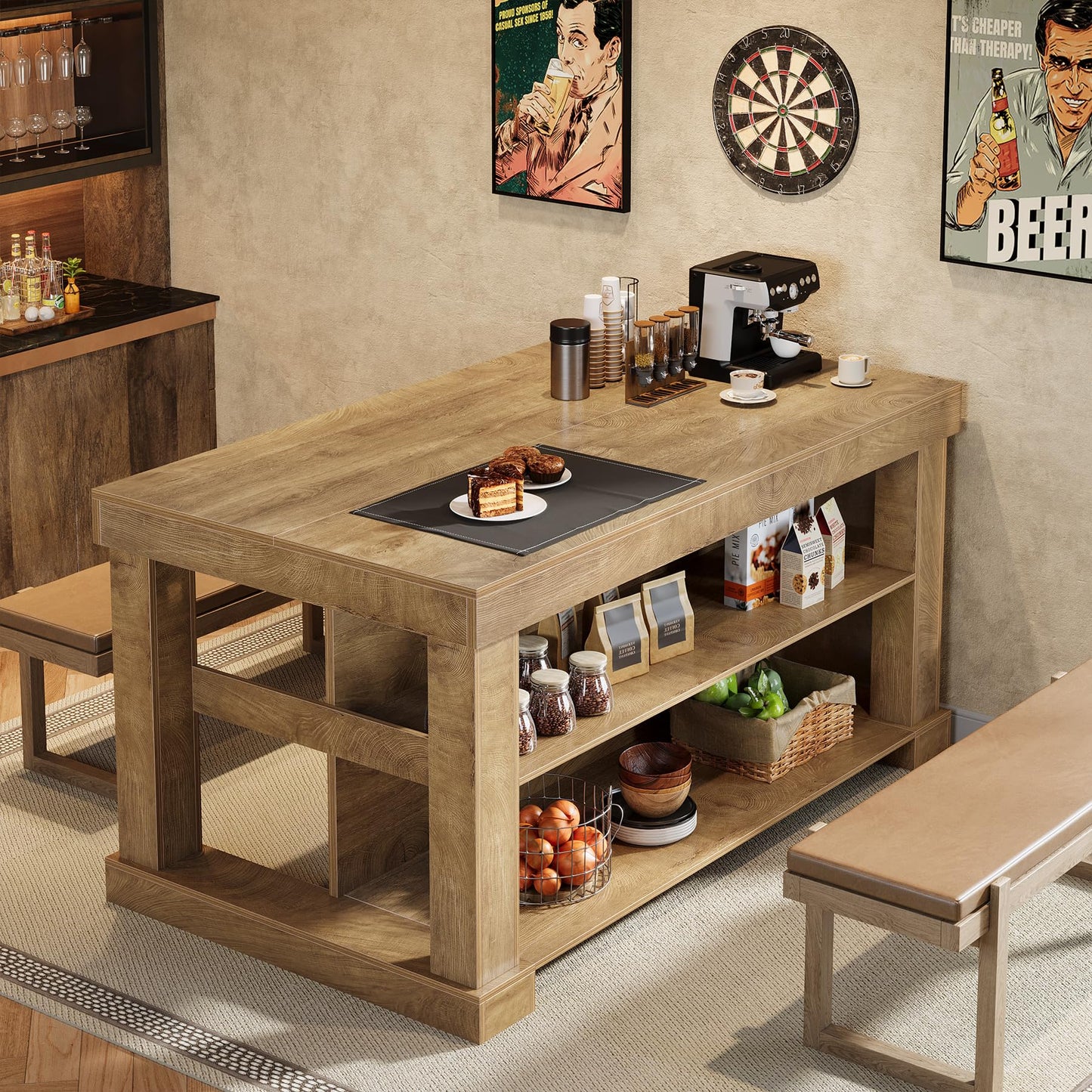 Tribesigns 55" Kitchen Island with Seating and Storage, 3-Tier Farmhouse Wood Stationary Island Table with Large Worktop & Leg Room, Coffee Bar Table with Storage Shelves for Kitchen, White and Brown