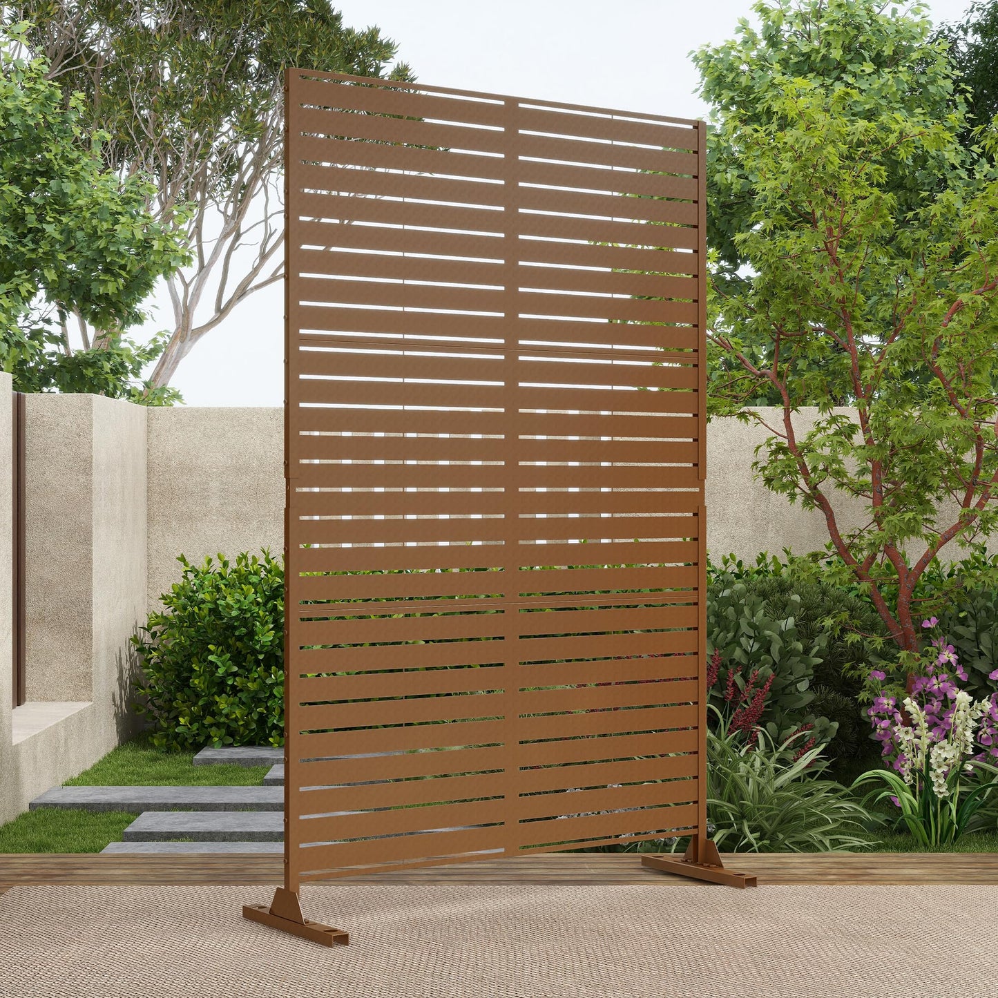 Outdoor Metal Privacy Screen with Stand, 72" H x 47" W Freestanding Outdoor Patio Divider, Decorative Patio Privacy Fence Panel for Garden Backyard Balcony Porch (Brown-Crossbanding)