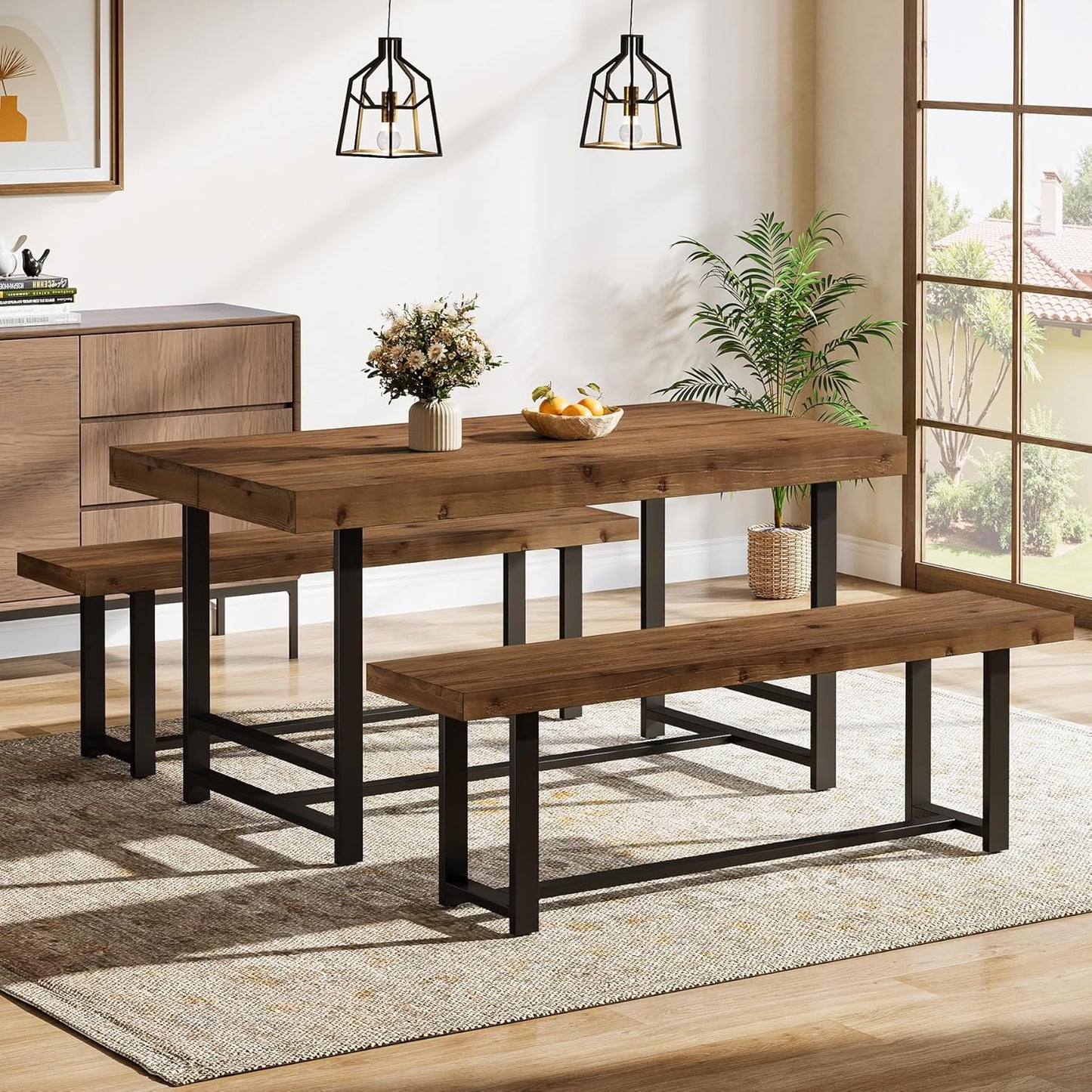 Solid Wood Dining Table Set for 4-6, 55.12" Industrial Farmhouse Kithcen Table with 2 Benches, Space Saving 3-Piece Rectangle Dinette Set & Chairs for Dining Room, Breakfast Nook, Small Space