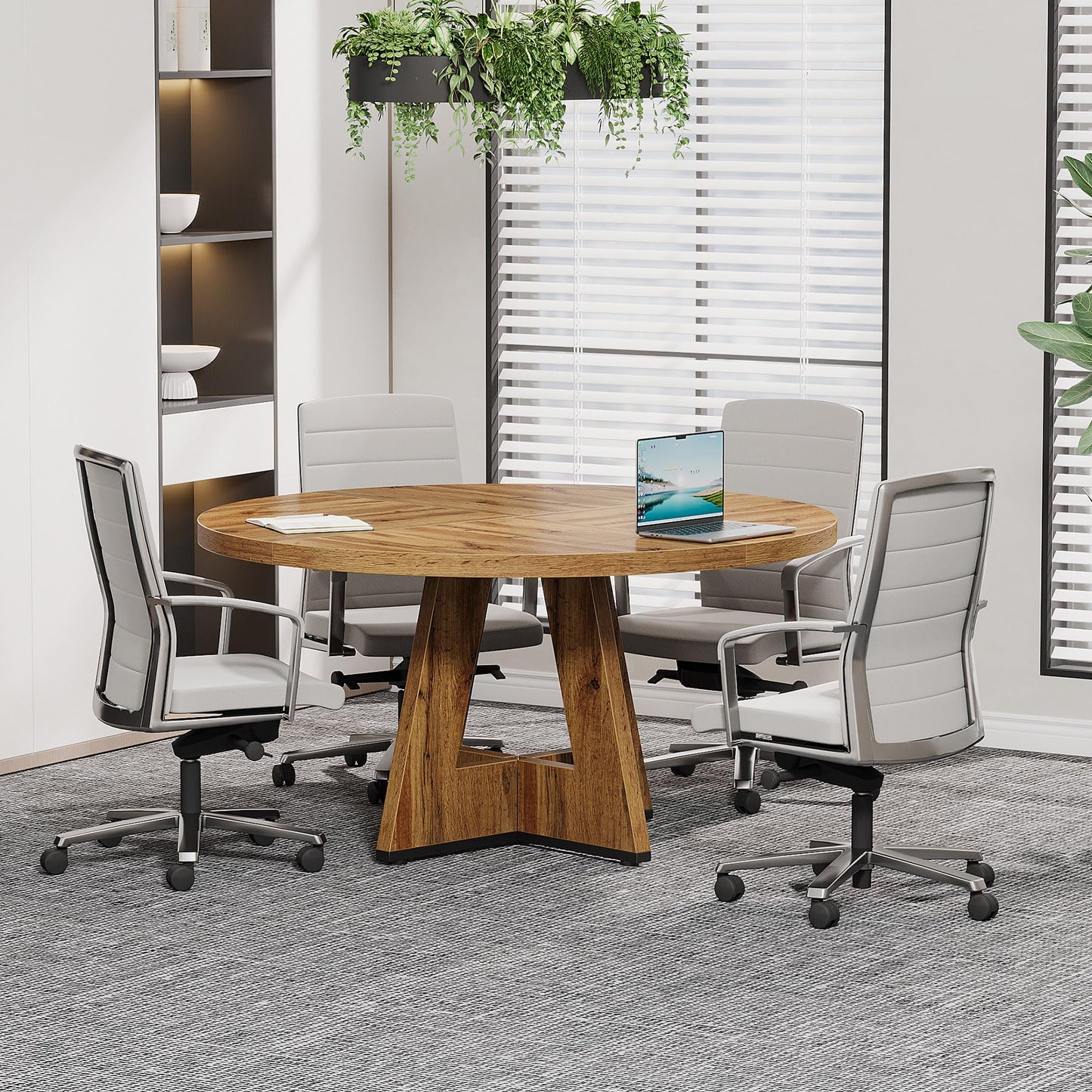 Tribesigns 47-Inch Round Conference Table for 4-6 People, Wooden Meeting Room Table with Thicken Tabletop and Wood Base (Grey)