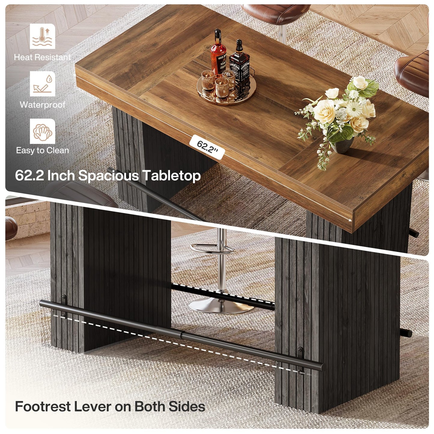 Tribesigns 62.2 Inch Bar Table, Industrial Counter Height Pub Dining Table, Rectangular Home Bar Units with Metal Footrest for Home Kitchen, Dining Room, Bistro, Brown and Dark Grey