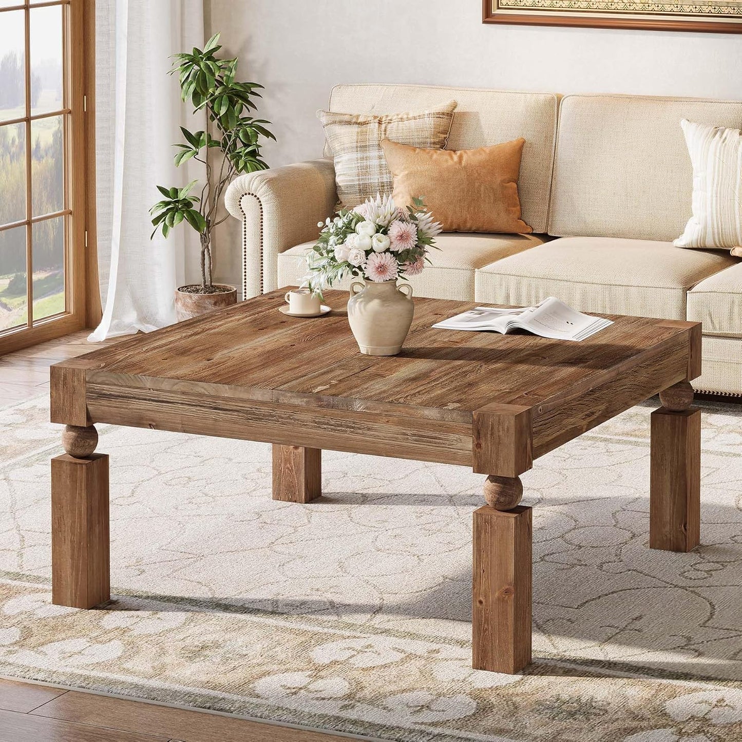 Square Wood Coffee Table, 39-Inch Farmhouse Coffee Table with Sturdy Legs, Rustic Accent Center Table for Living Room, Easy Assembly, Brown