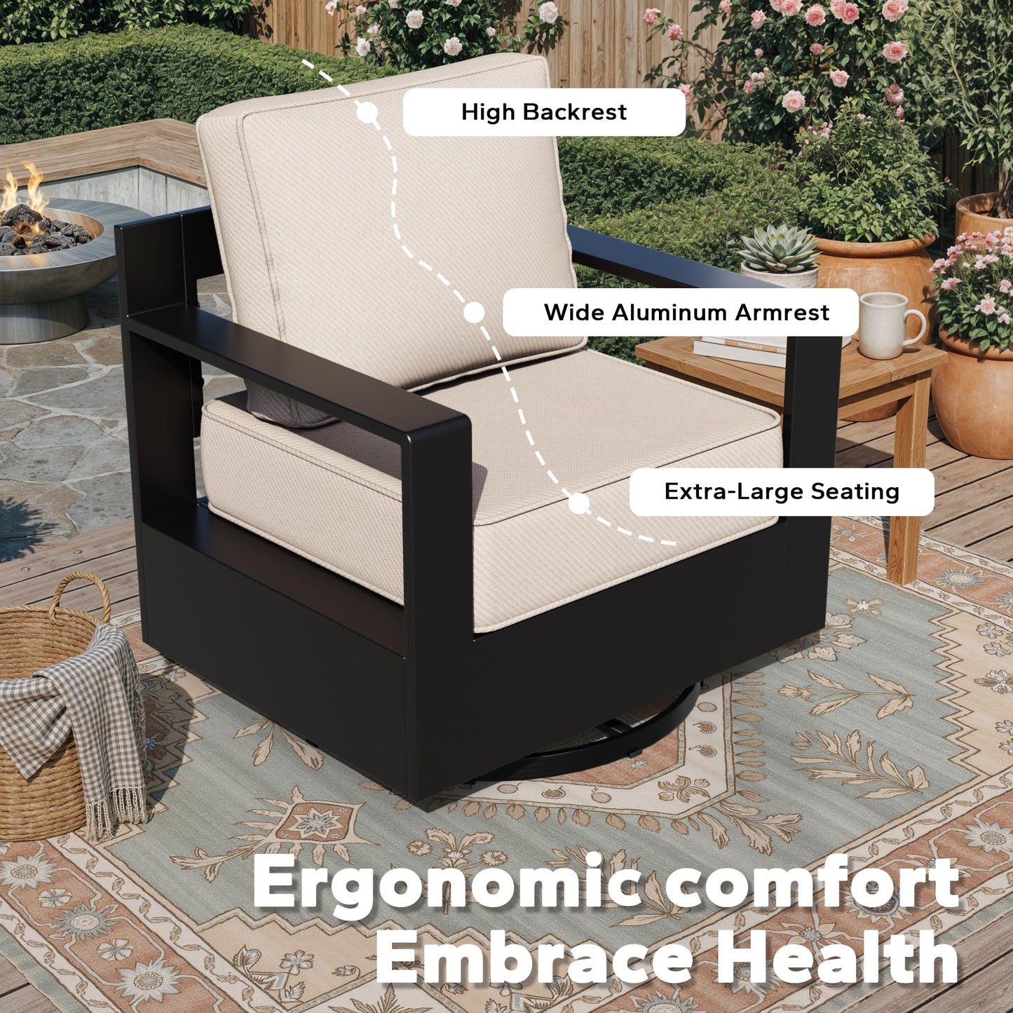 Aluminum Patio Swivel Chair - Outdoor Swivel Rocking Chair with 6" Thick Removable Cushions, All-Weather Metal Frame, Deep Setting for Garden, Poolside and Porch