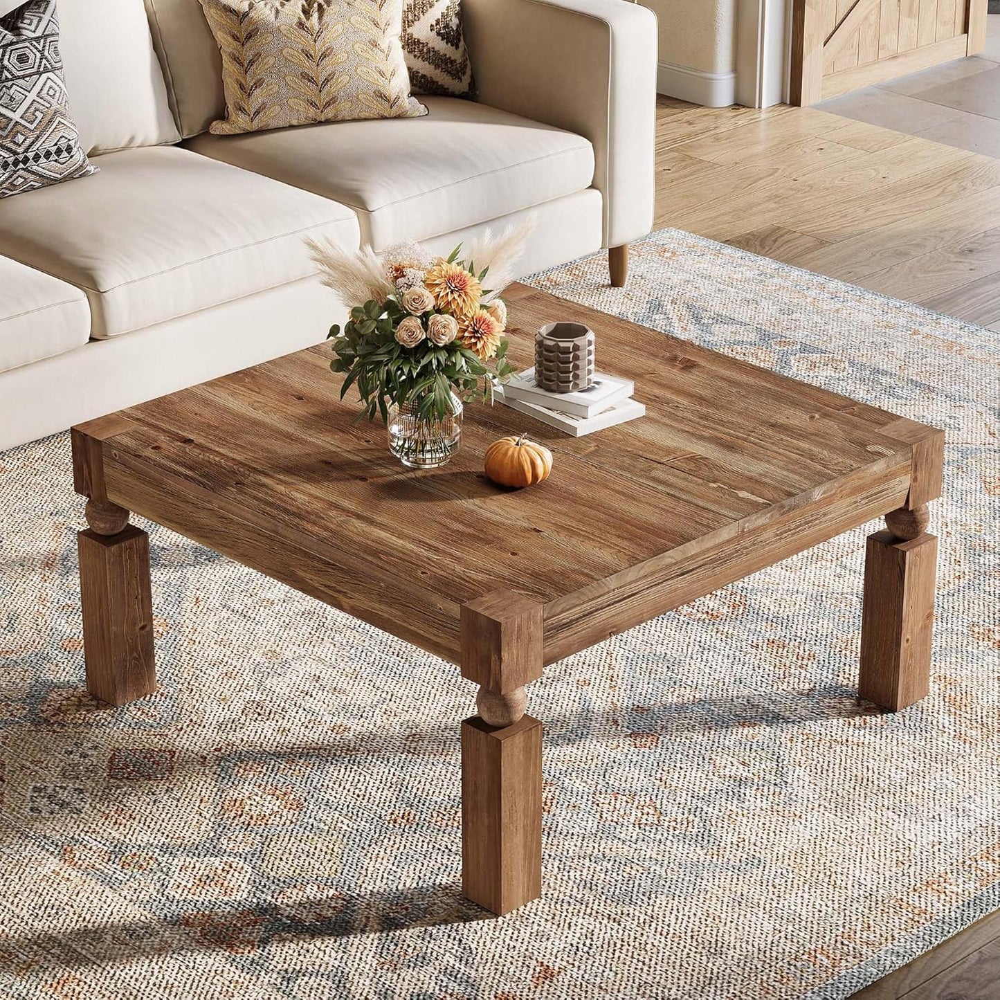 Square Wood Coffee Table, 39-Inch Farmhouse Coffee Table with Sturdy Legs, Rustic Accent Center Table for Living Room, Easy Assembly, Brown