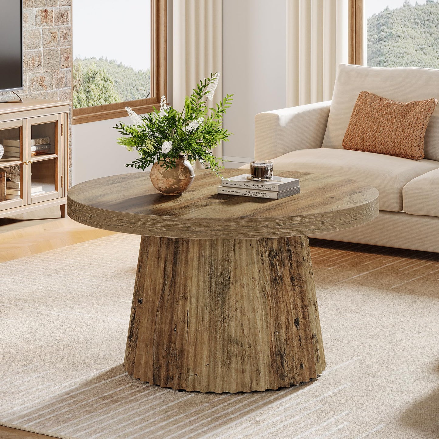 Tribesigns Coffee Table, 31.5" Small Farmhouse Round Coffee Tables with Fluted Drum Base, Mid Century Modern Boho Accent Center Table for Living Room, Apartment, Small Space, Brown
