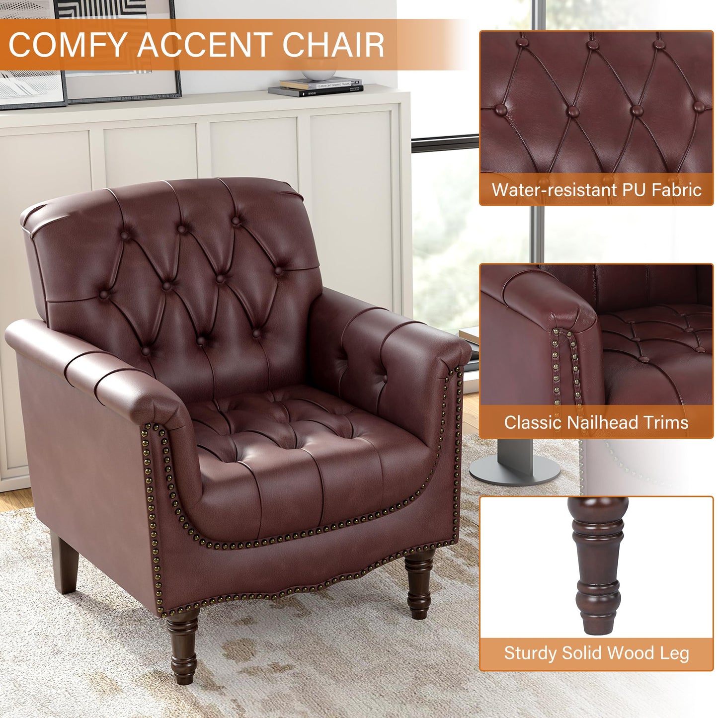 Faux Leather Club Chair, Retro Upholstered Armchair Accent Chair with Solid Wood Legs & Nailhead Trim for Living Room, Bedroom, Reading Room, Camel