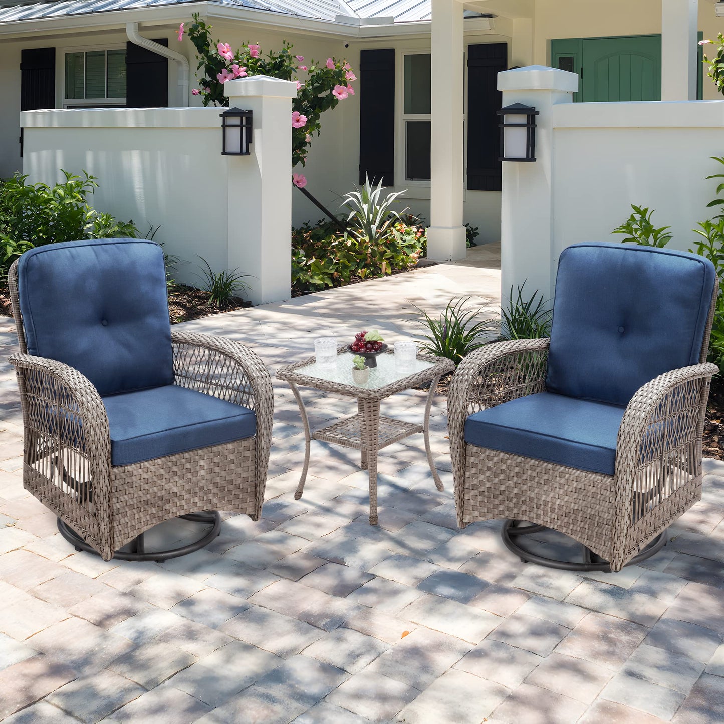 Joyside Patio Bistro Set, 3-Piece Outoodr Wicker Swivel Rocking Chair Set, Outdoor Patio Furniture Chair with Side Coffee Table & Durable Fabric Cushion(Brown/Beige)