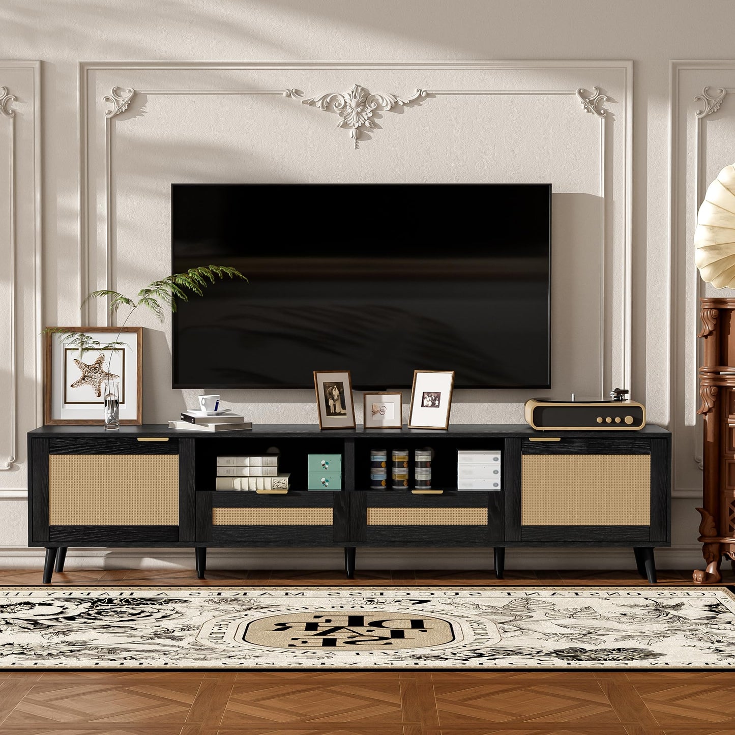 LKTART 67" Mid Century Modern TV Stand for 65/70/75/80" TVs,Entertainment Center with Sliding Doors and Drawers,Media Console for Living Room