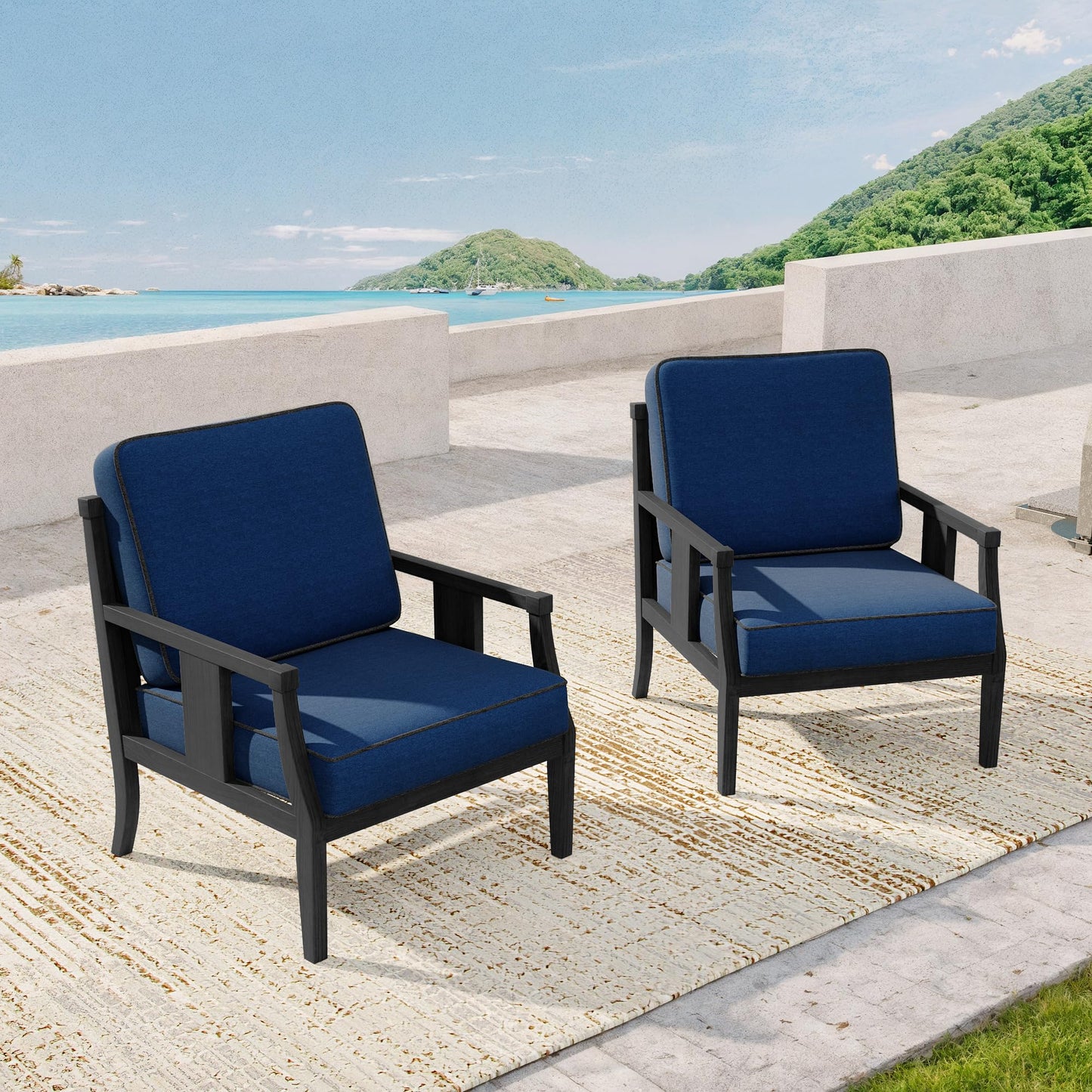 Outdoor Patio Armchairs Set of 2, All-Weather Solid Wood Patio Furniture Sets, Outdoor Sofa Chairs with Washable Thick Cushions for Porch, Balcony, Deck, Black Frame & Gray Cushion