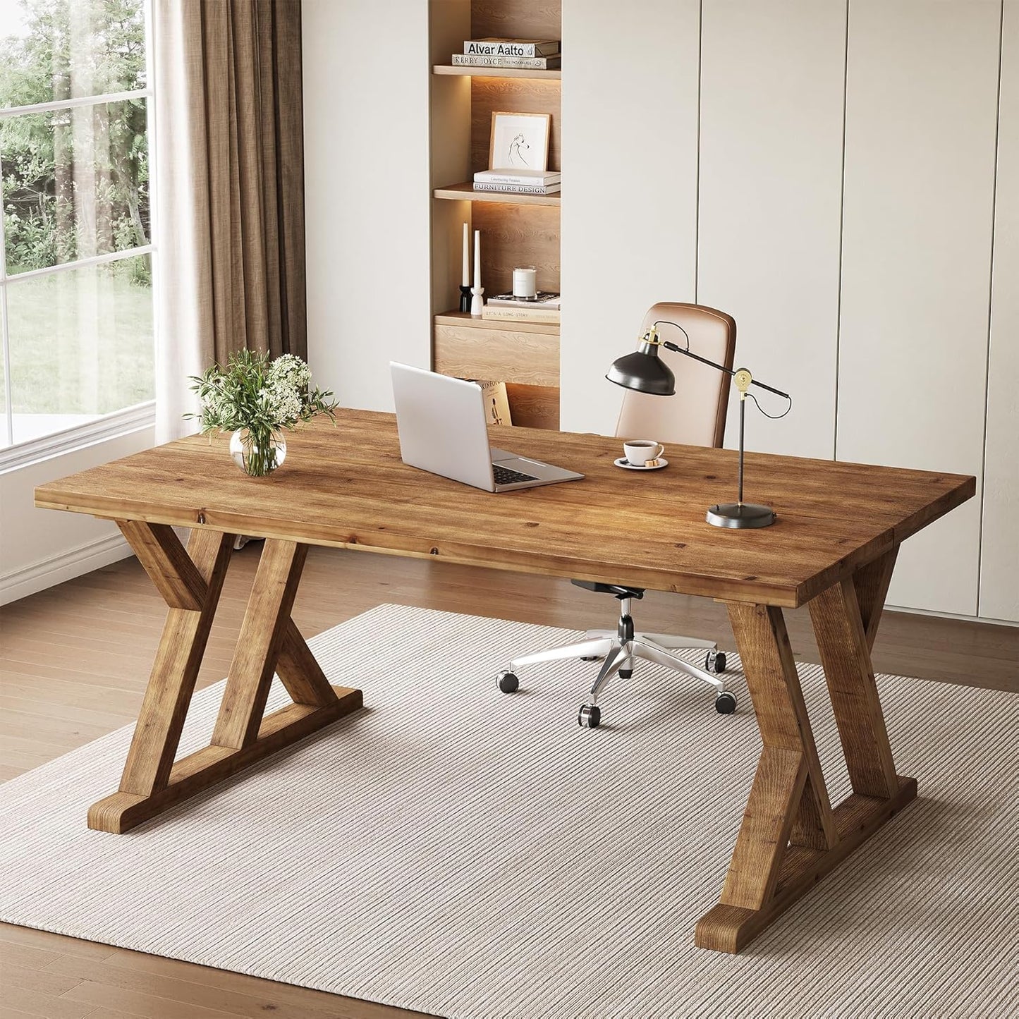 63" Solid Wood Executive Desk for Home Office, Farmhouse Wooden Large Office Computer Desk, Writing Study Table Business Workstation with X Shaped Legs, Rustic Brown