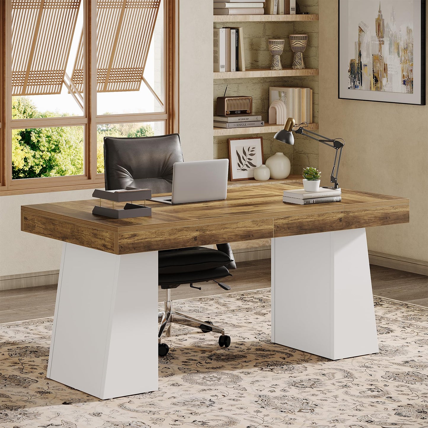 Tribesigns 55" Executive Desk, Wooden Office Desk with Double Pedestal, Modern Simple Computer Writing Table for Home Office, Light Brown
