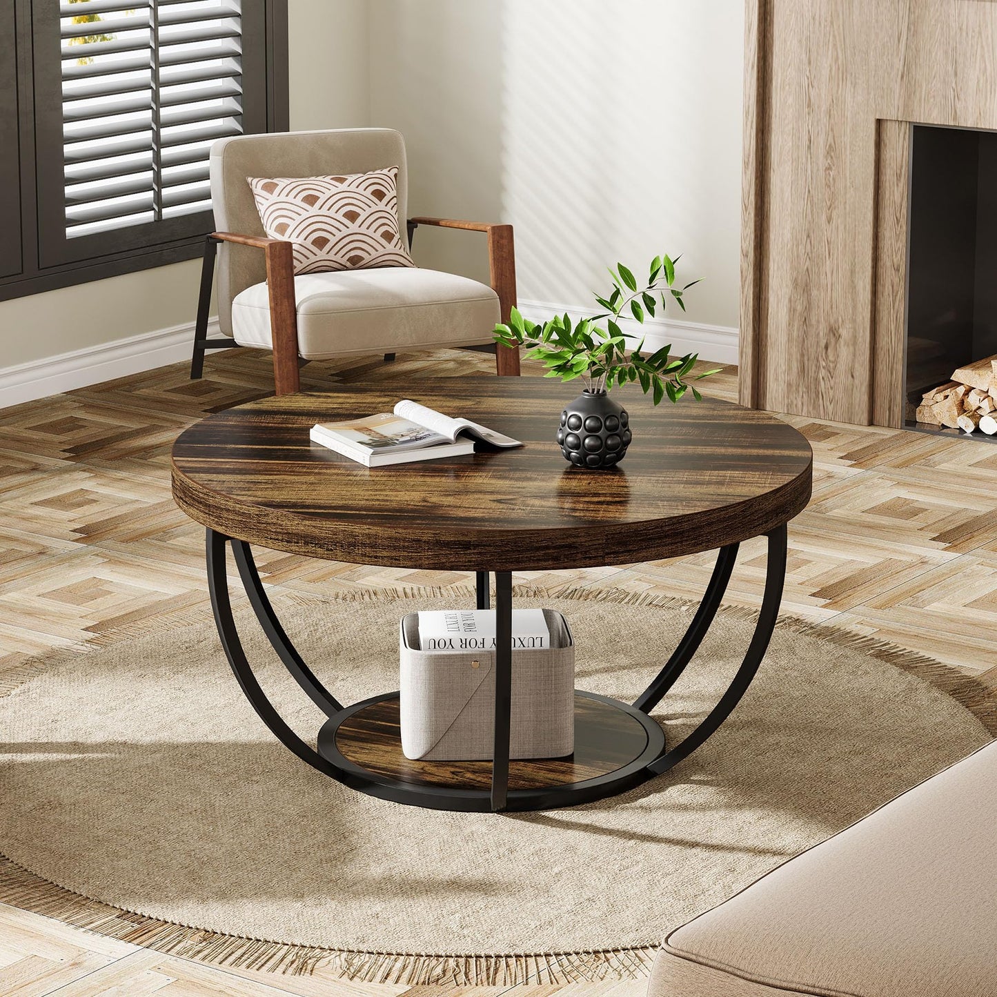 Tribesigns Round Coffee Table, 31.7" Wooden 2-Tier Circle Coffee Table with Storage Shelves, Modern Accent Cocktail Table Center Table for Living Room, Grey
