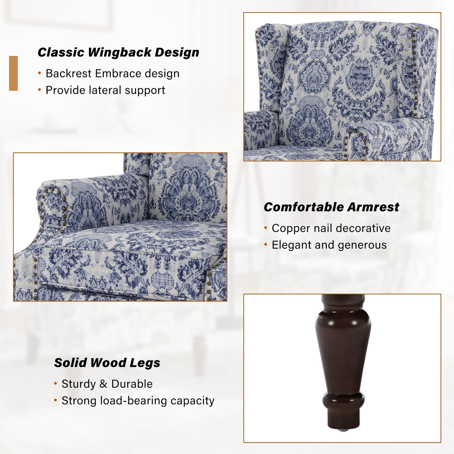 Floral Wingback Accent Chair, High Back Upholstered Armchair, Comfy Fabric Wingback Arms Chairs with Solid Wood Legs, Single Sofa Reading Chair for Bedroom Living Room, Beige