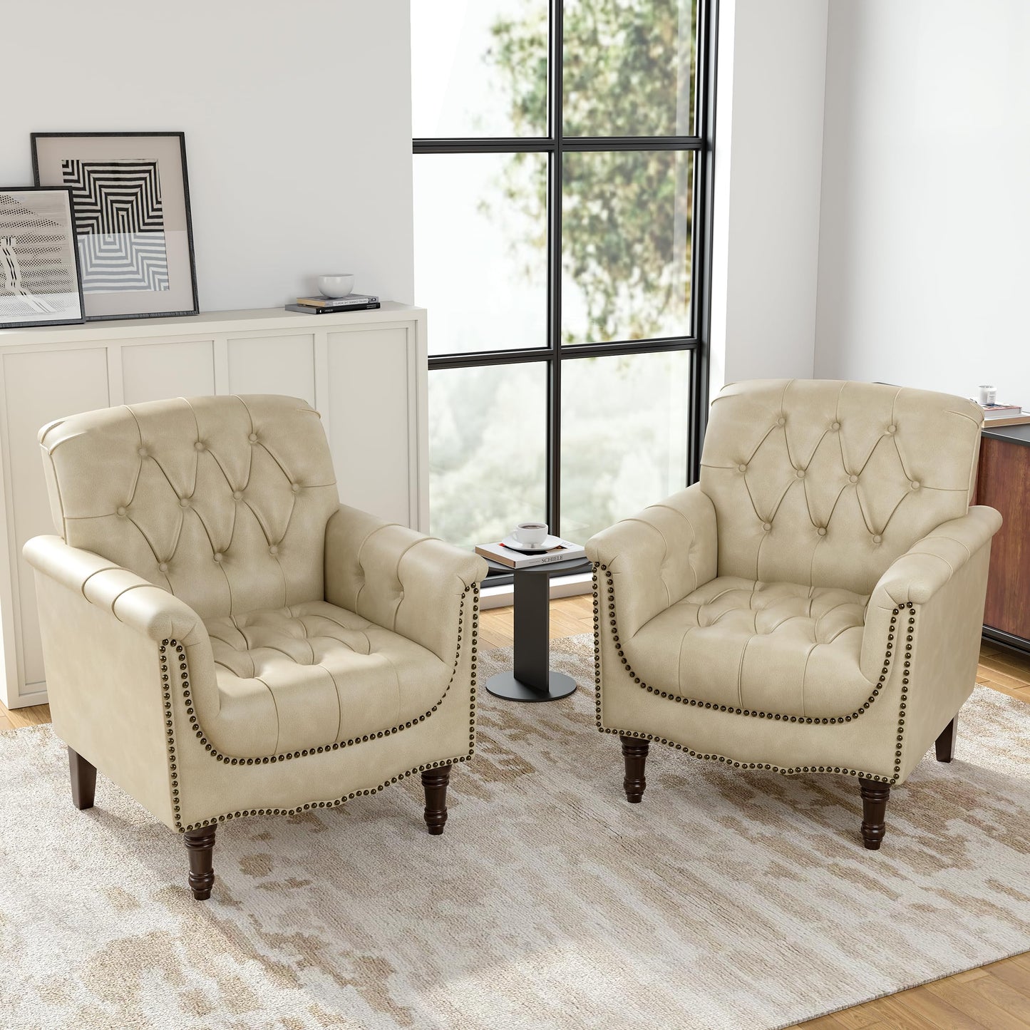Faux Leather Club Chair, Retro Upholstered Armchair Accent Chair with Solid Wood Legs & Nailhead Trim for Living Room, Bedroom, Reading Room, Camel