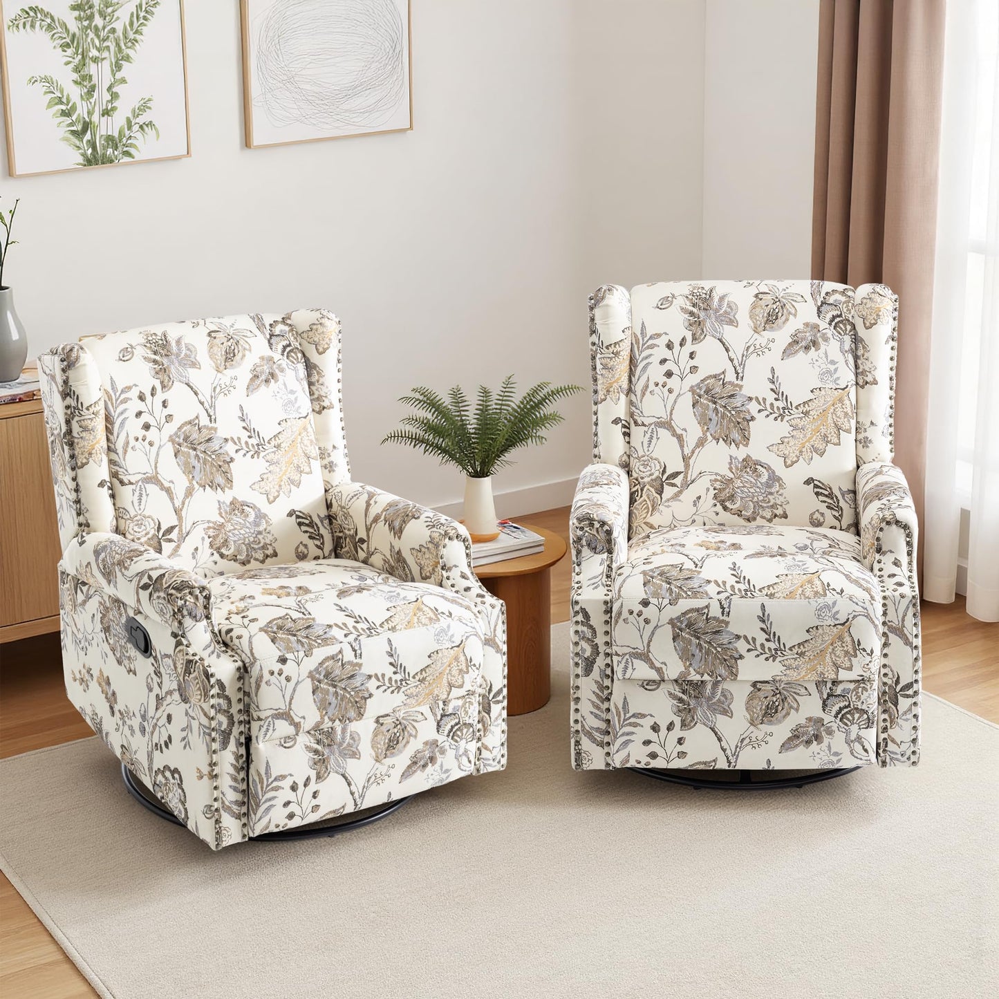Swivel Rocker Recliner Chair, 360° Swivel Wingback Recliner Chairs for Adults, Upholstered Printed Fabric Glider Rocking Chair with High Back, Deep Seat for Living Romm Bedroom, Bird