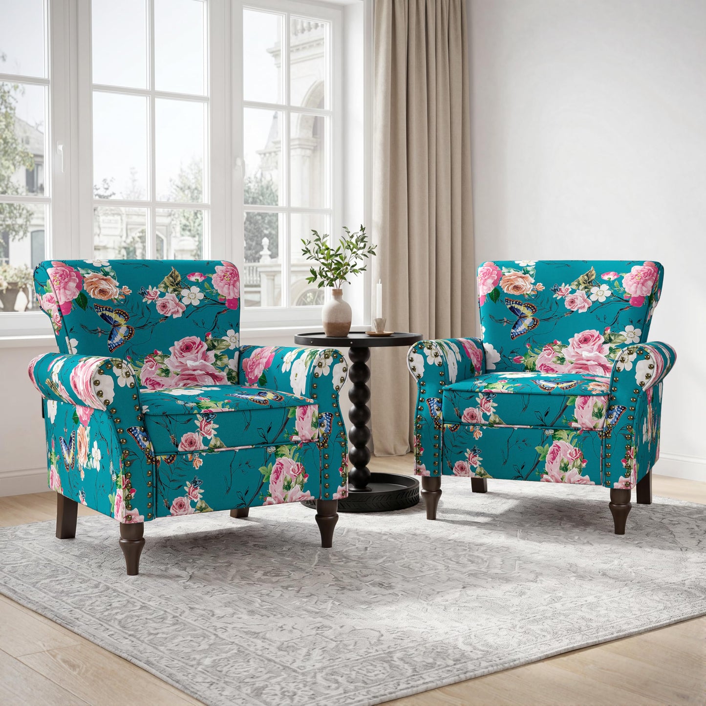Wingback Accent Chairs Set of 2, Mid-Century Modern Upholstered Armchair Living Room Chair with Nailhead Trim & Rolled Armrest, Comfy Lounge Chair Single Sofa Chair for Bedroom, Light Blue