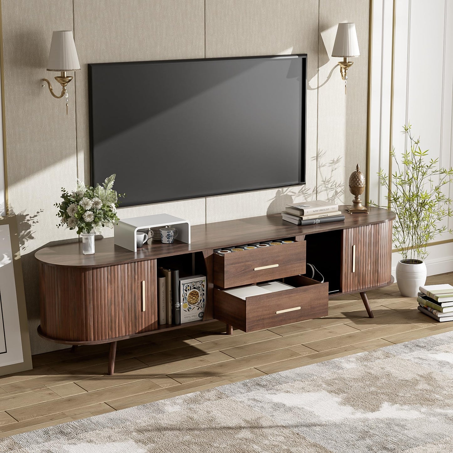 LKTART 67" Mid Century Modern TV Stand for 65/70/75/80" TVs,Entertainment Center with Sliding Doors and Drawers,Media Console for Living Room