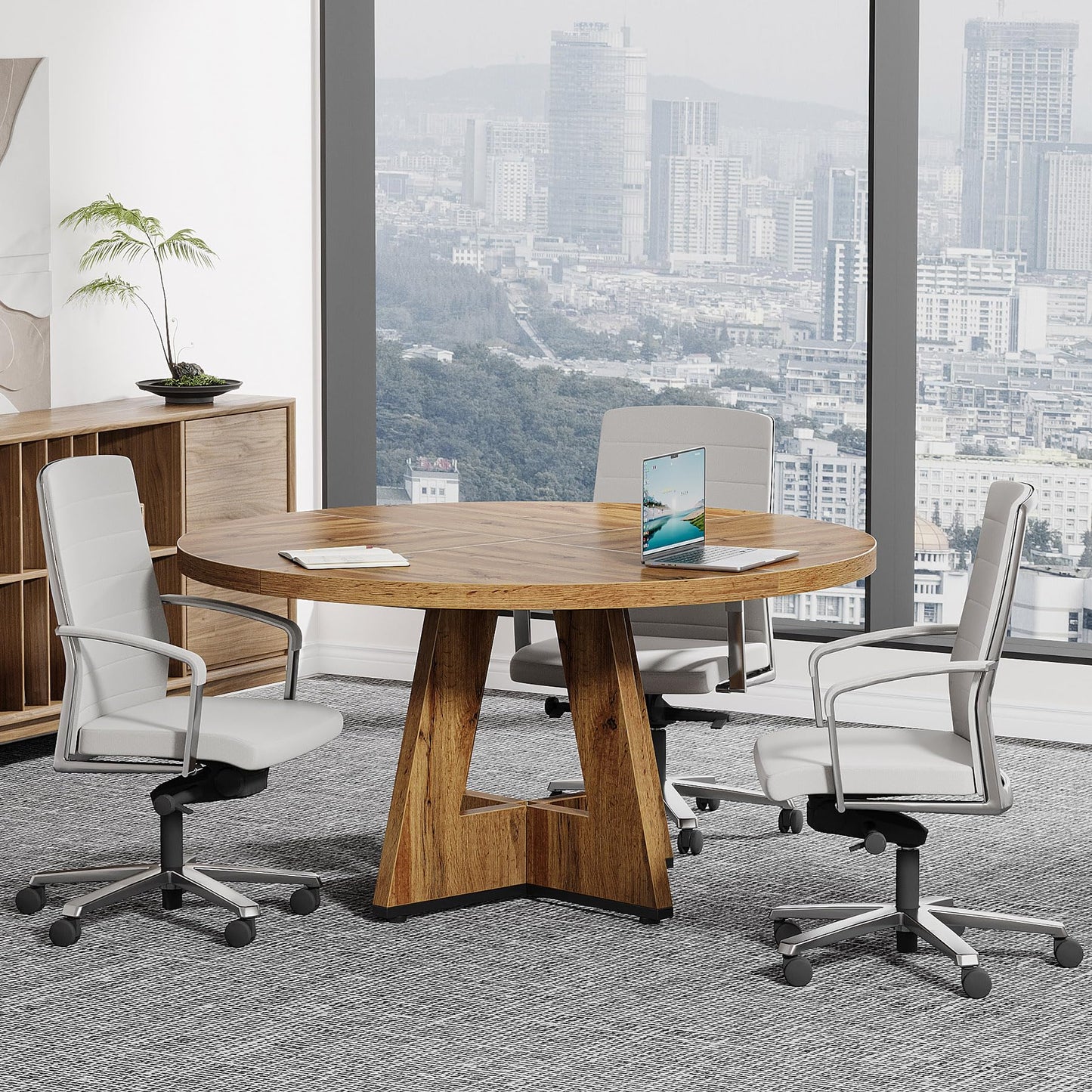 Tribesigns 47-Inch Round Conference Table for 4-6 People, Wooden Meeting Room Table with Thicken Tabletop and Wood Base (Grey)