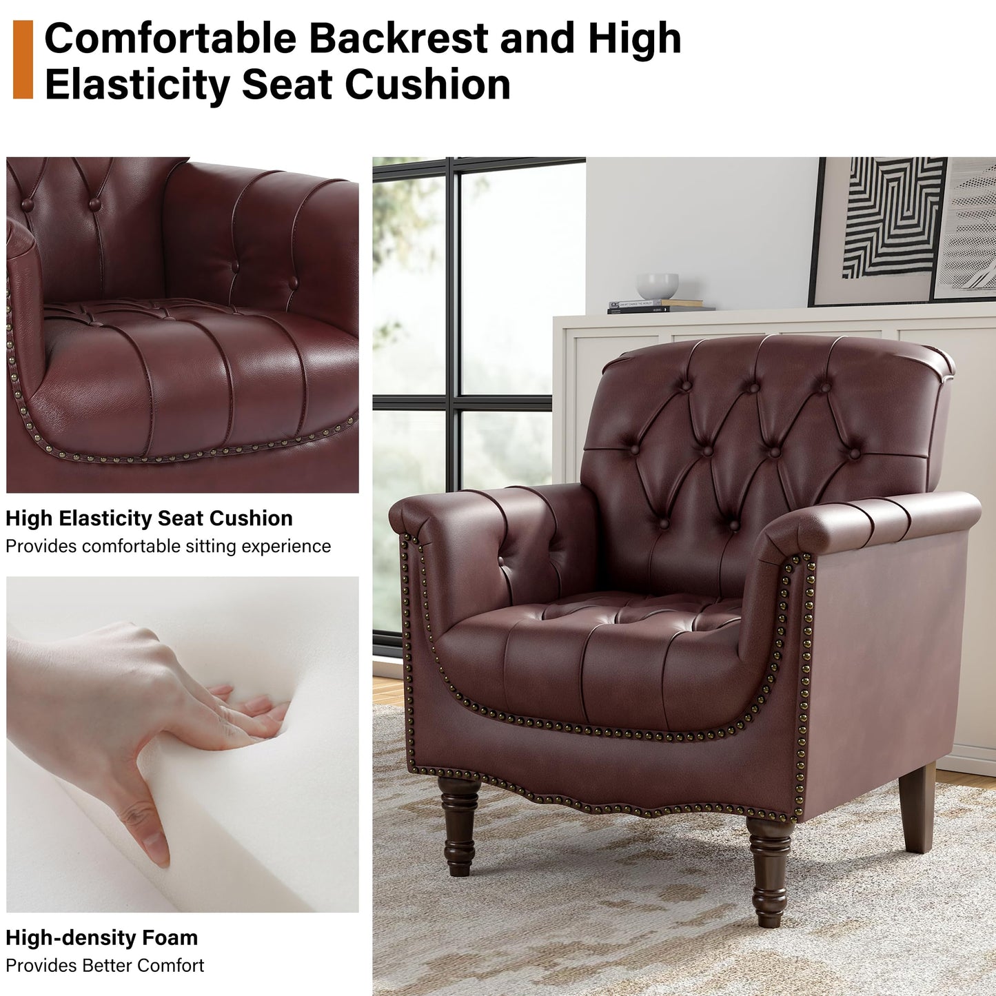 Faux Leather Club Chair, Retro Upholstered Armchair Accent Chair with Solid Wood Legs & Nailhead Trim for Living Room, Bedroom, Reading Room, Camel