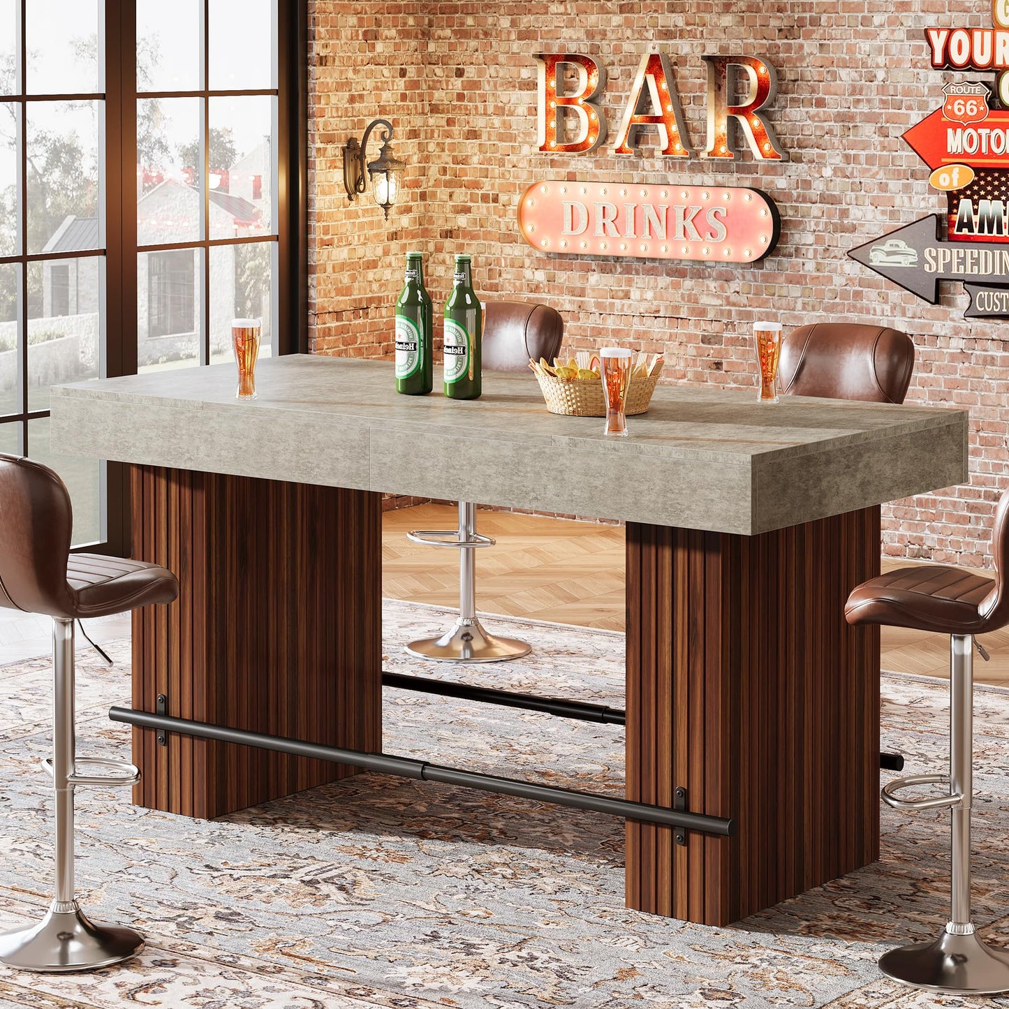Tribesigns 62.2 Inch Bar Table, Industrial Counter Height Pub Dining Table, Rectangular Home Bar Units with Metal Footrest for Home Kitchen, Dining Room, Bistro, Brown and Dark Grey