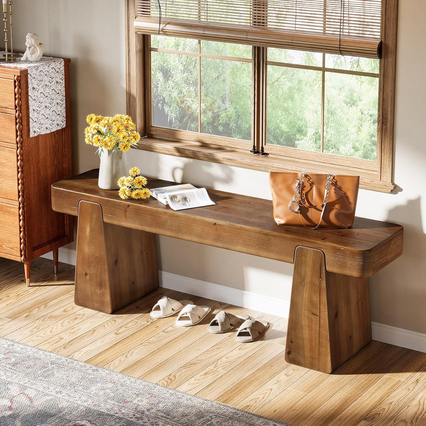 Solid Wood Bench, 47-Inch Farmhouse Wood Entryway Bench with Thickened Legs, Narrow Indoor Wooden Bench for Entry, Hallway, Living Room, End of Bed, Dark Brown