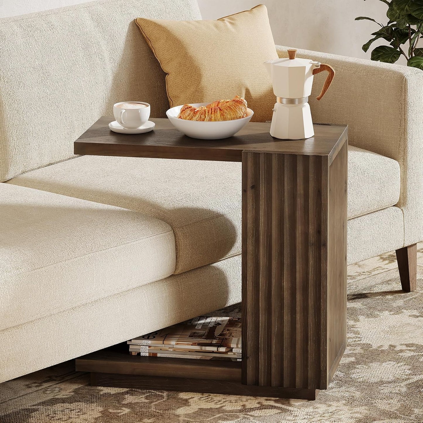Solid Wood Side Table, C Shaped Narrow Sofa End Table with Fluted Panels and Storage Shelf, Space-Saving Small Nightstand for Small Spaces, Living Room, Bedroom, Vintage Brown